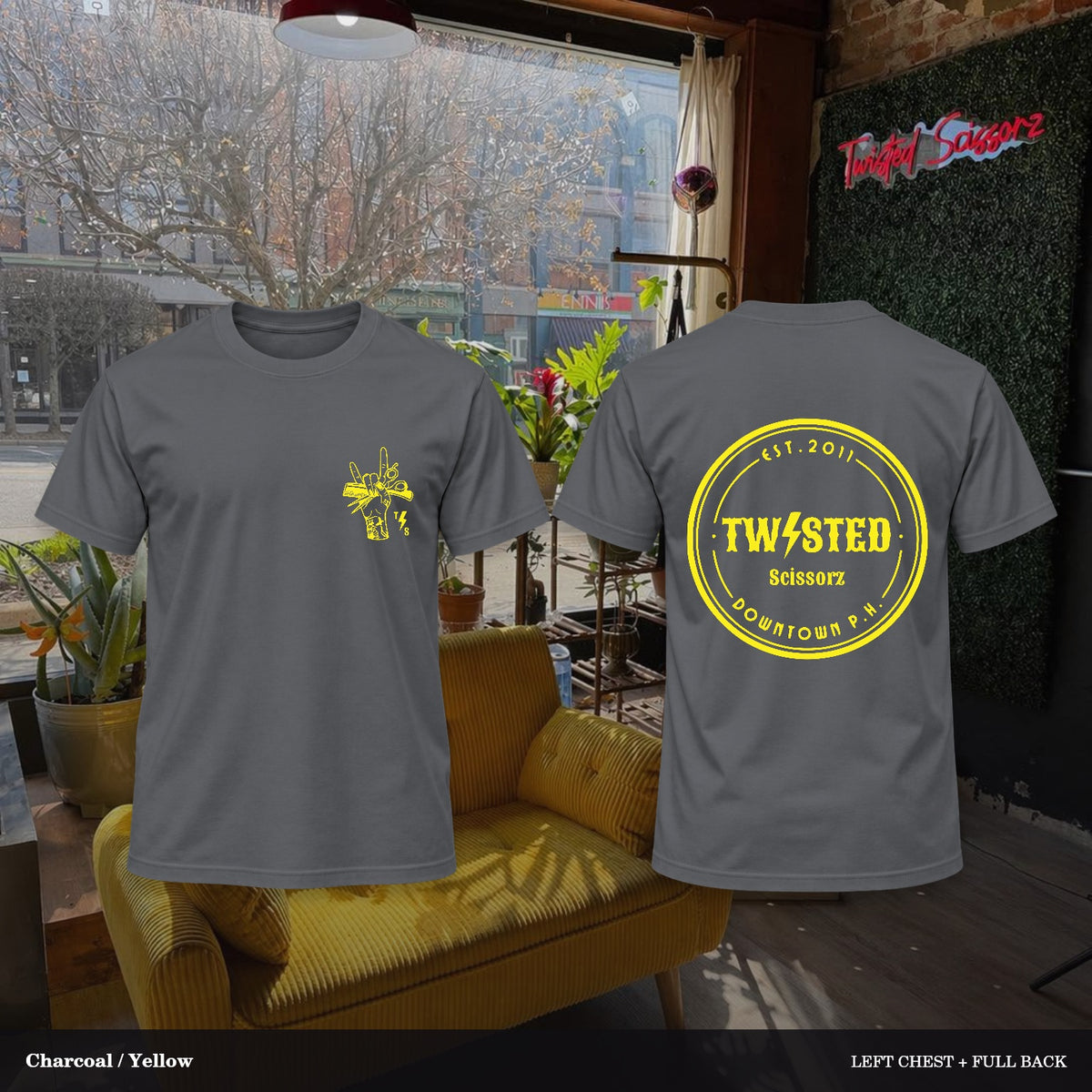 Twisted Scissorz Port & Co. PC55 — Charcoal, Yellow artwork; left-chest crest and full back in the salon