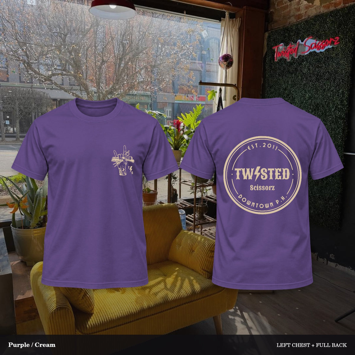 Twisted Scissorz Port & Co. PC55 — Purple, Cream artwork; left-chest crest and full back in the salon