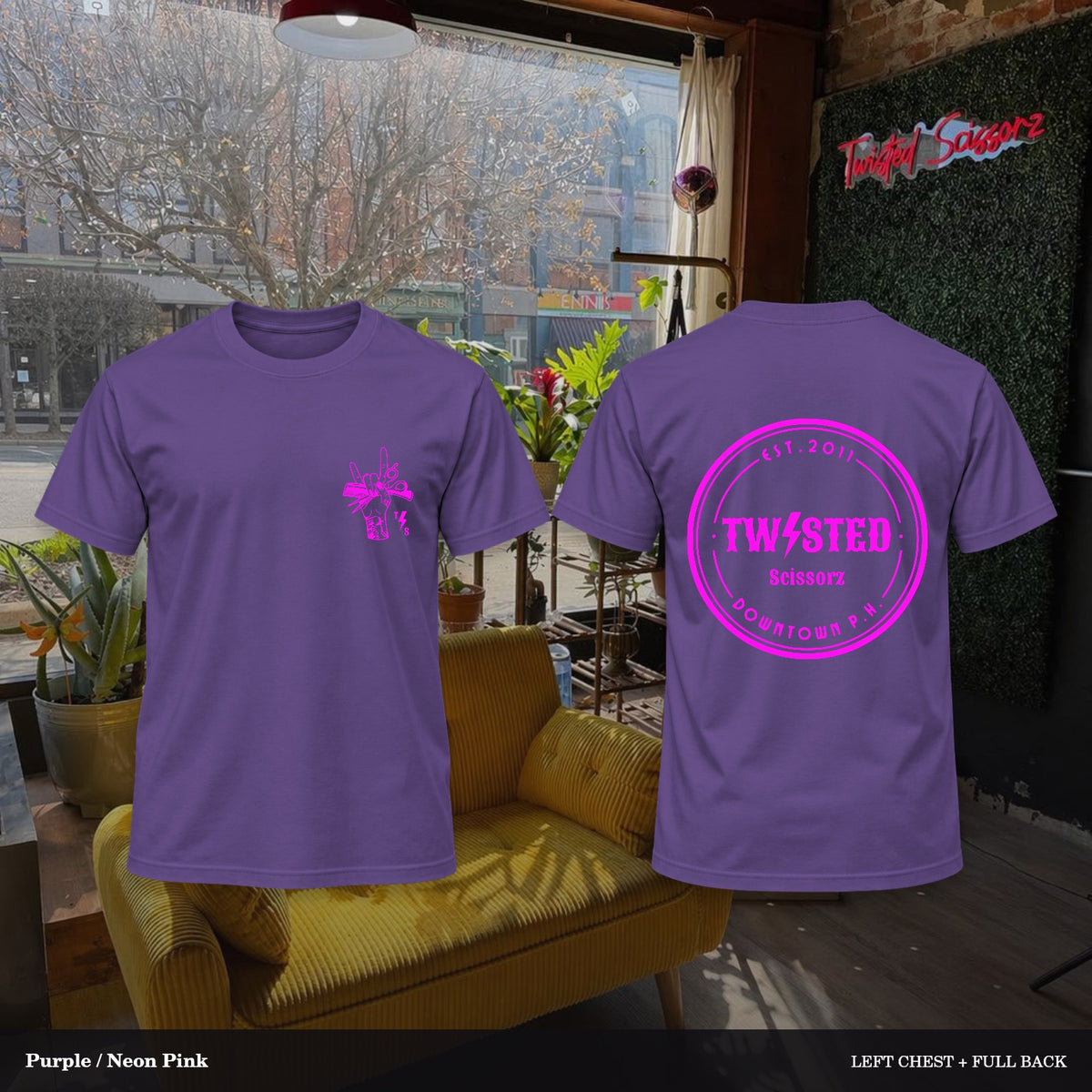 Twisted Scissorz Port & Co. PC55 — Purple, Neon Pink artwork; left-chest crest and full back in the salon