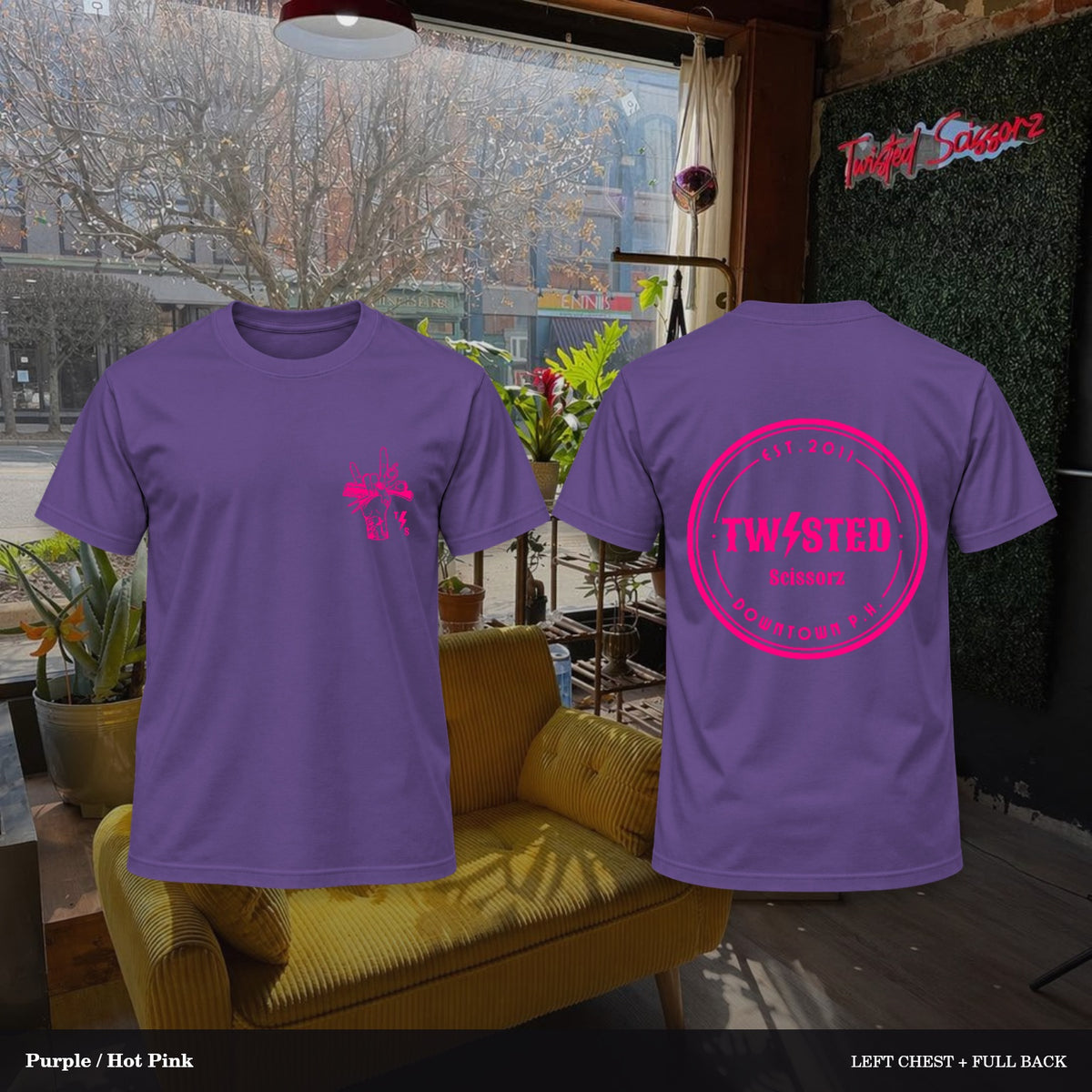 Twisted Scissorz Port & Co. PC55 — Purple, Hot Pink artwork; left-chest crest and full back in the salon