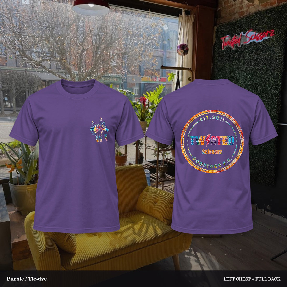 Twisted Scissorz Port & Co. PC55 — Purple, Tie-dye artwork; left-chest crest and full back in the salon