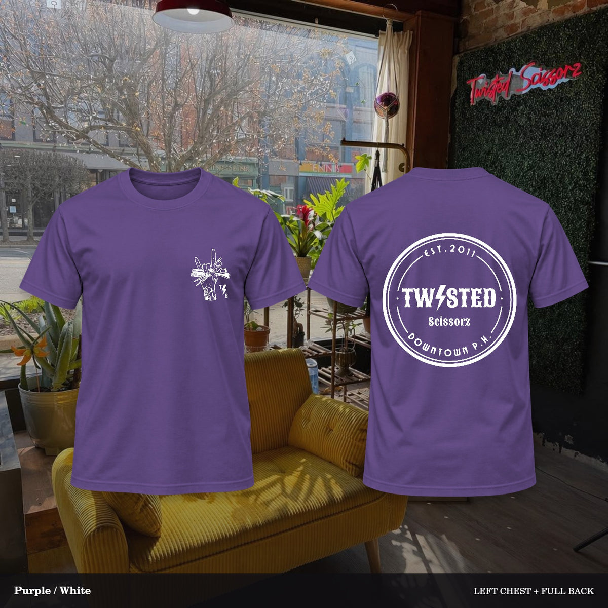 Twisted Scissorz Port & Co. PC55 — Purple, White artwork; left-chest crest and full back in the salon