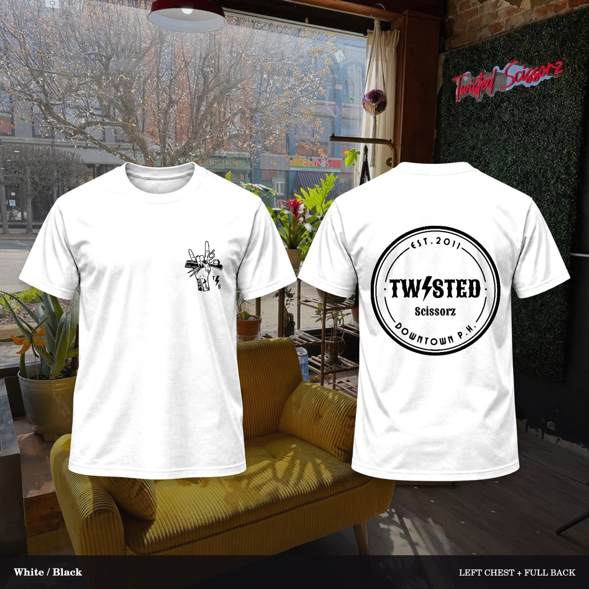 Twisted Scissorz Port & Co. PC55 — White, Black artwork; left-chest crest and full back in the salon