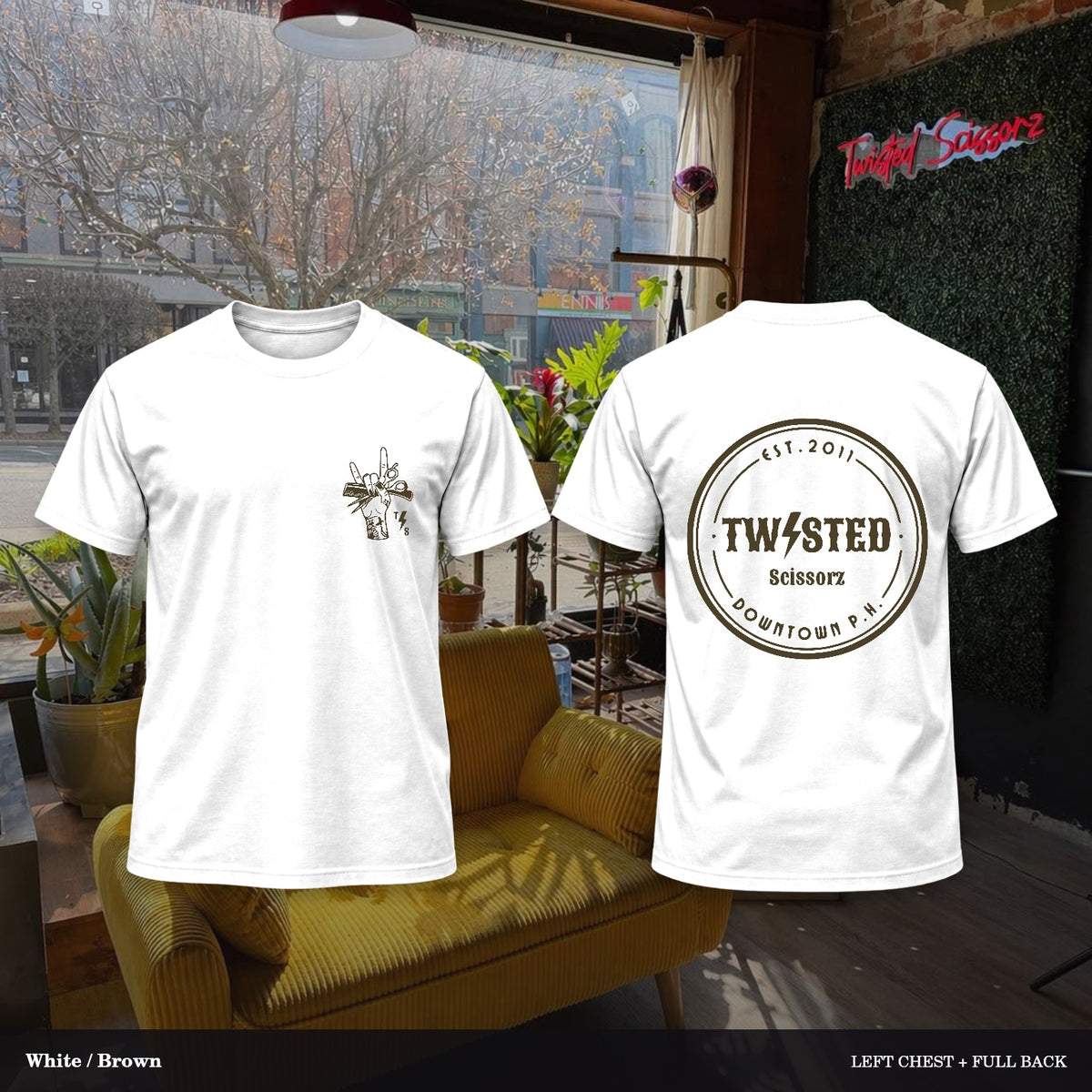 Twisted Scissorz Port & Co. PC55 — White, Brown artwork; left-chest crest and full back in the salon