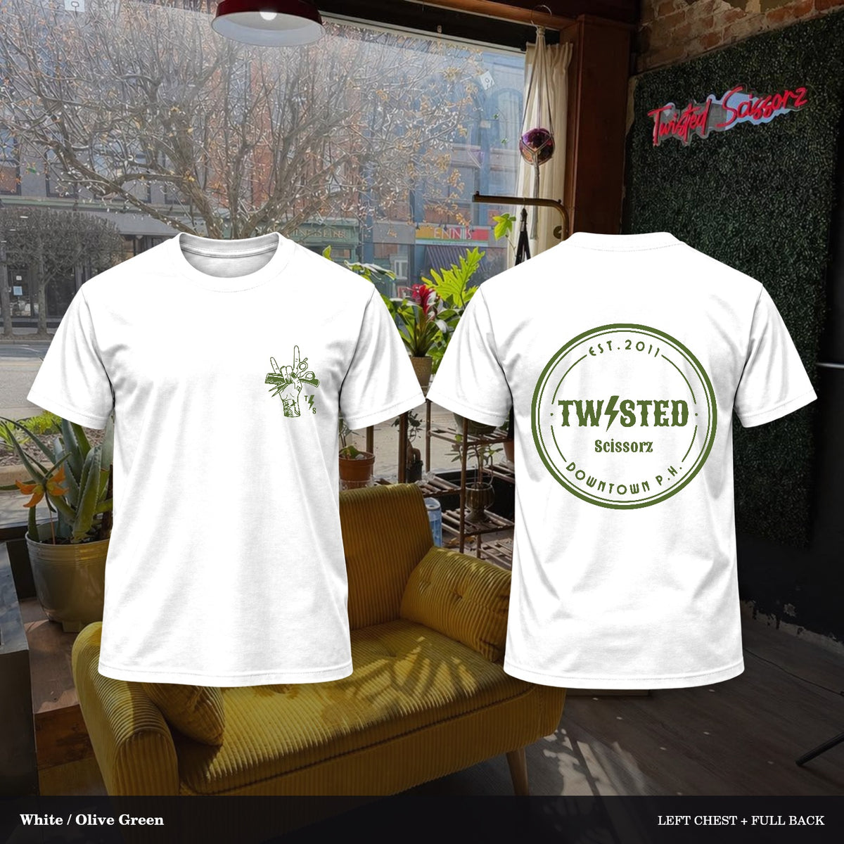 Twisted Scissorz Port & Co. PC55 — White, Olive Green artwork; left-chest crest and full back in the salon