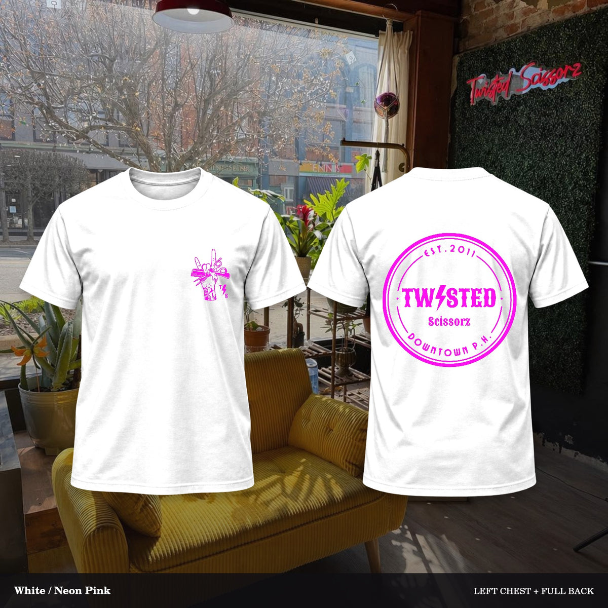 Twisted Scissorz Port & Co. PC55 — White, Neon Pink artwork; left-chest crest and full back in the salon