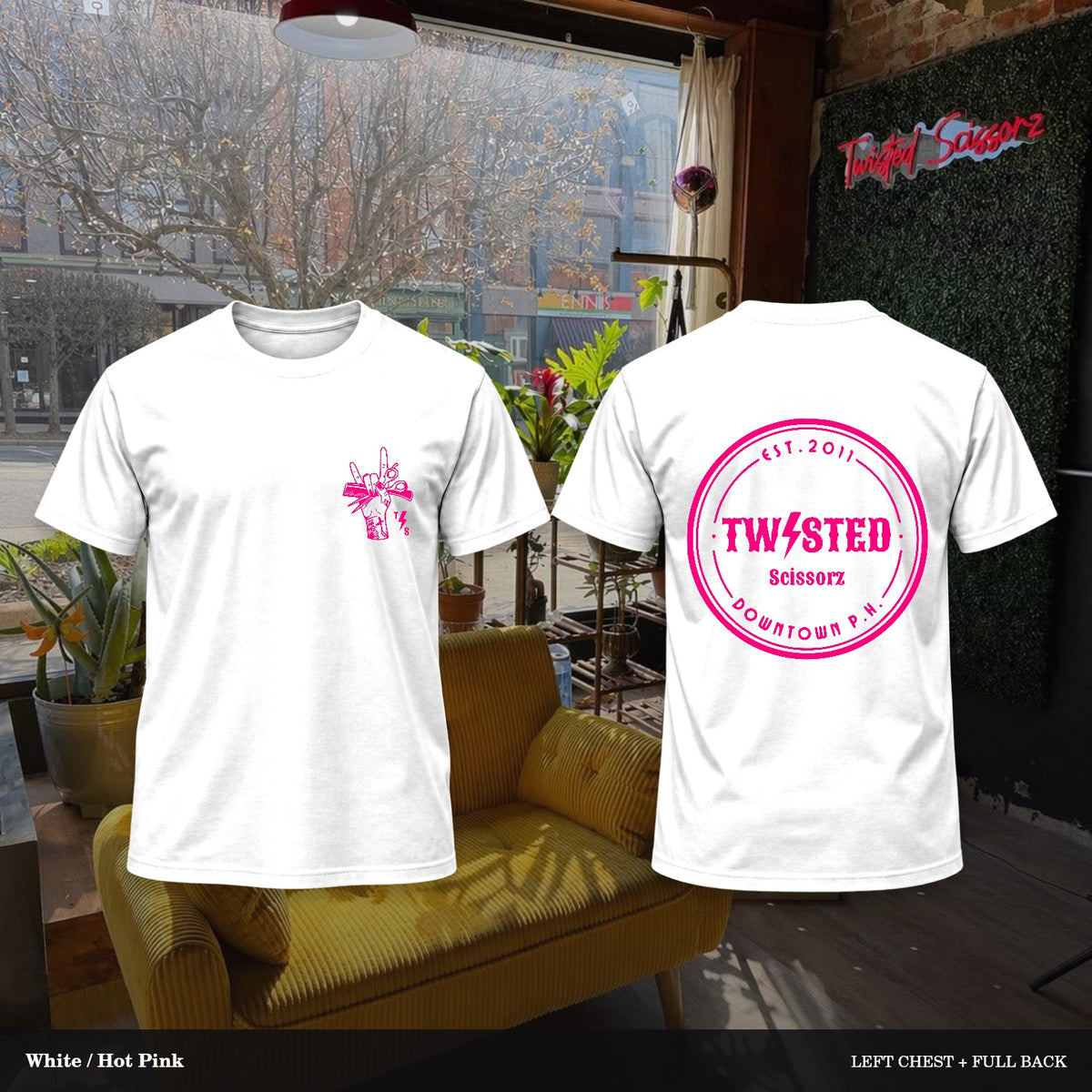 Twisted Scissorz Port & Co. PC55 — White, Hot Pink artwork; left-chest crest and full back in the salon