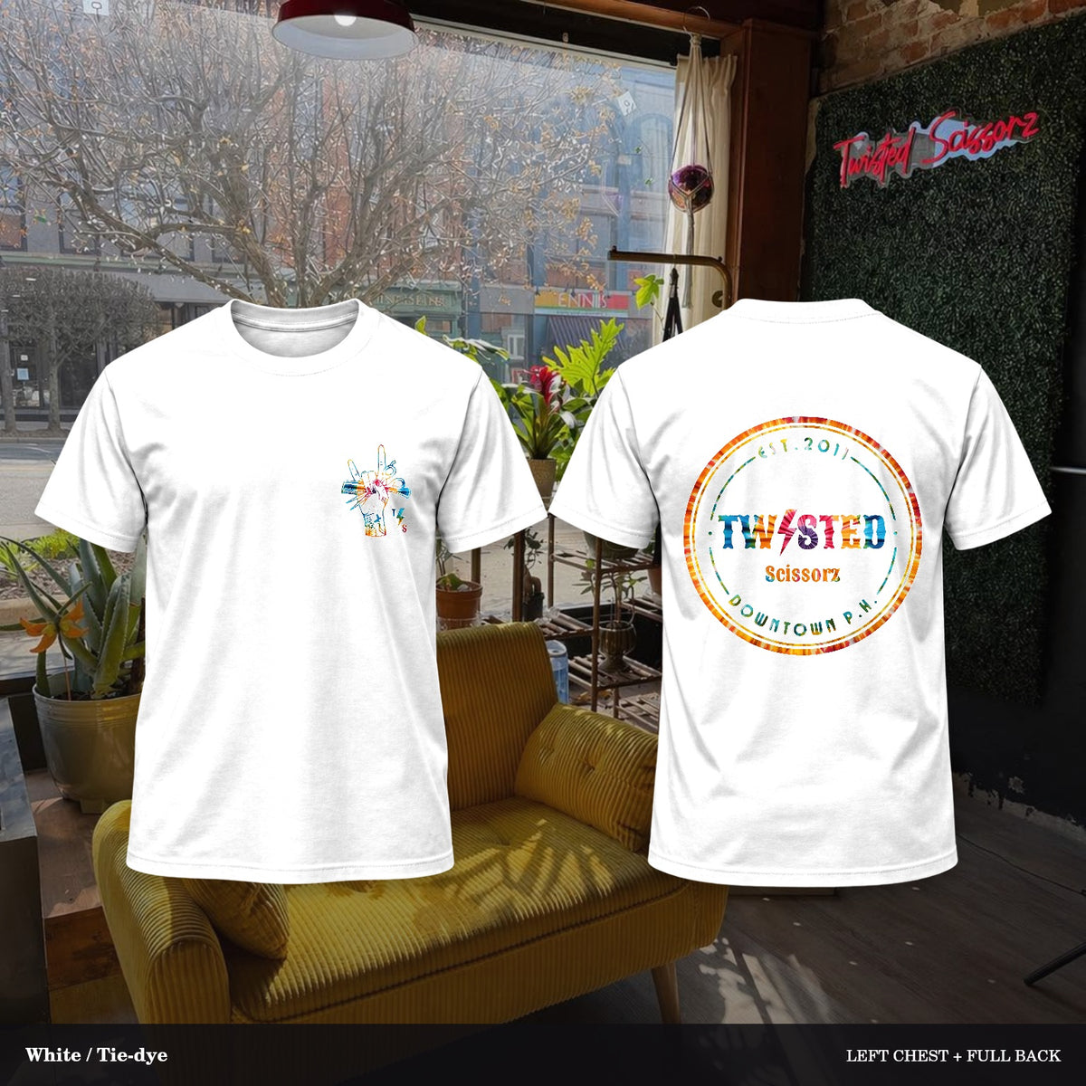 Twisted Scissorz Port & Co. PC55 — White, Tie-dye artwork; left-chest crest and full back in the salon