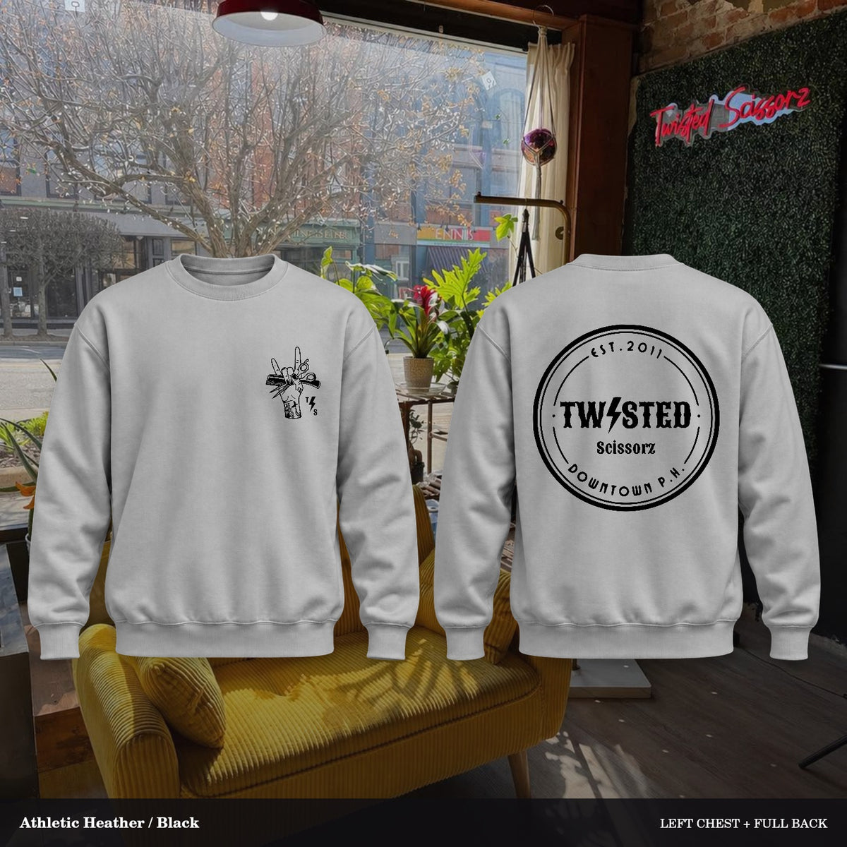 Twisted Scissorz Port & Co. PC78 — Athletic Heather, Black artwork; left-chest crest and full back in the salon