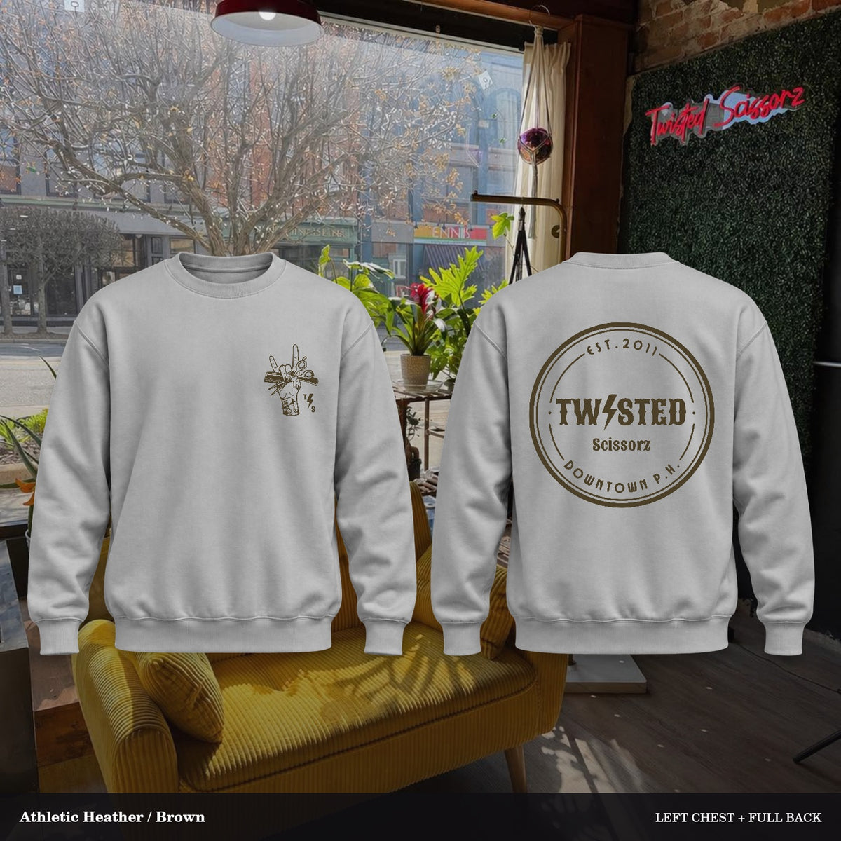 Twisted Scissorz Port & Co. PC78 — Athletic Heather, Brown artwork; left-chest crest and full back in the salon
