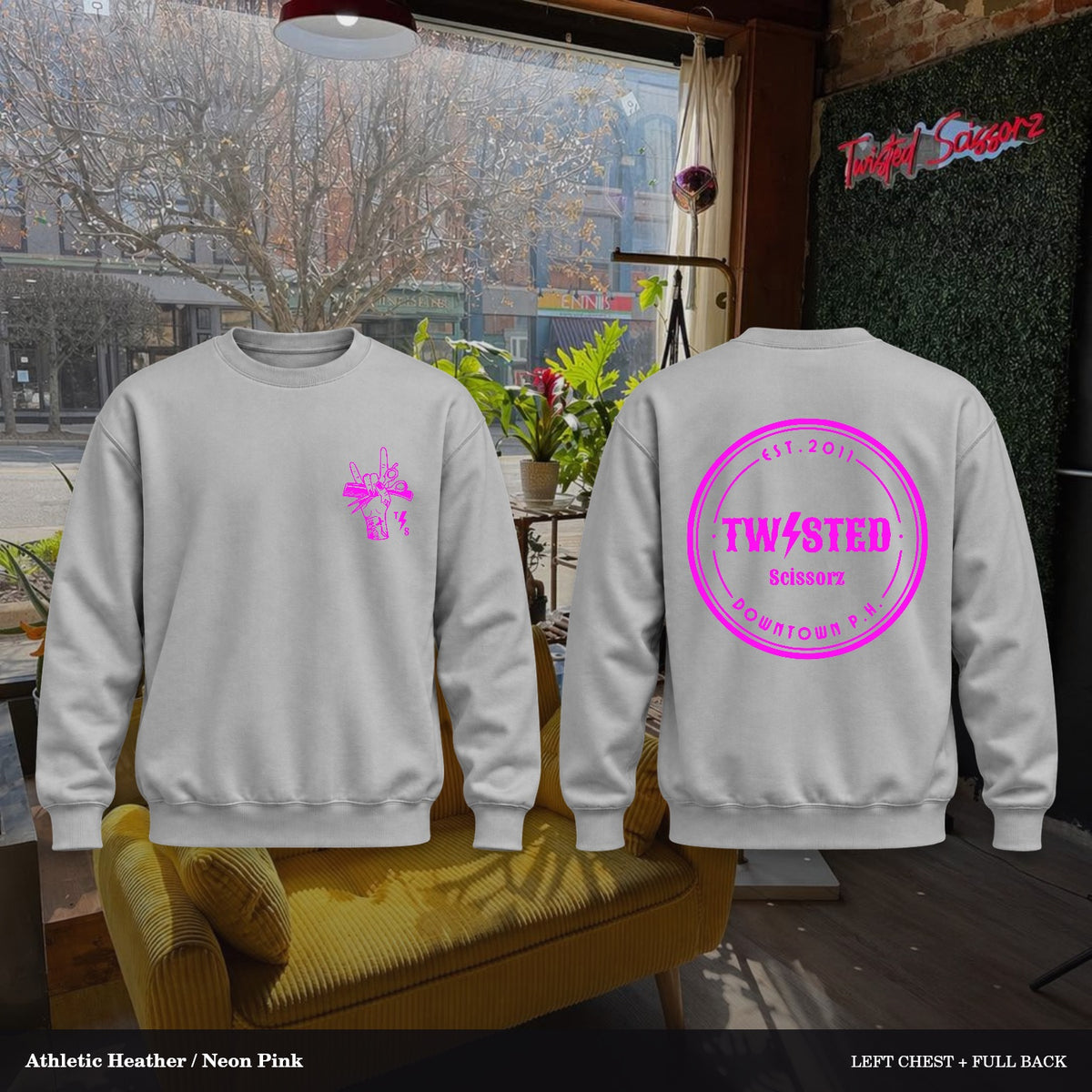Twisted Scissorz Port & Co. PC78 — Athletic Heather, Neon Pink artwork; left-chest crest and full back in the salon