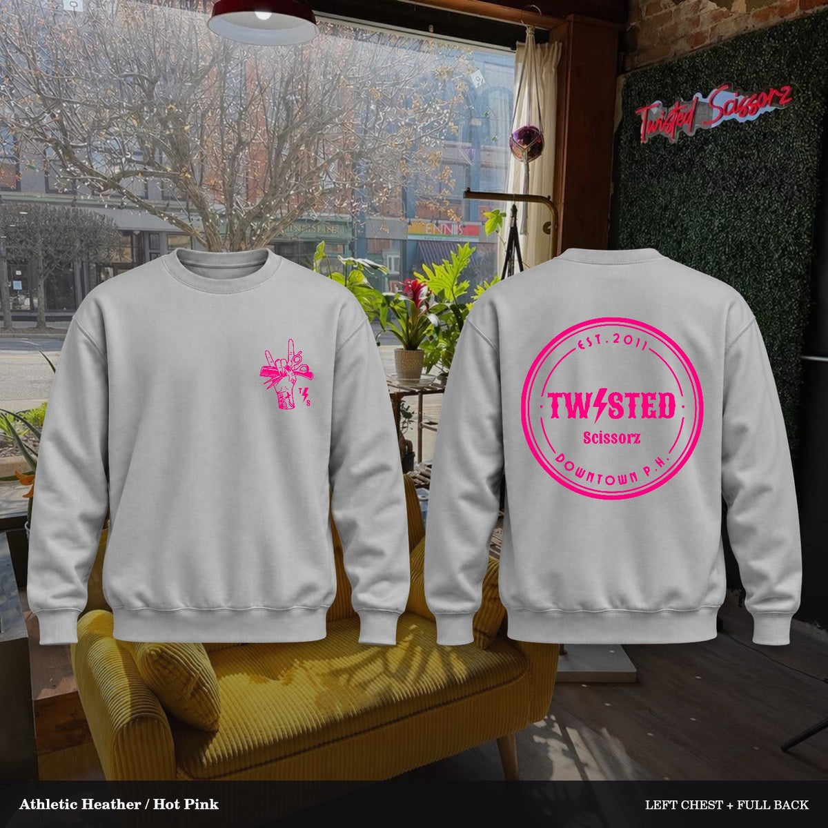 Twisted Scissorz Port & Co. PC78 — Athletic Heather, Hot Pink artwork; left-chest crest and full back in the salon