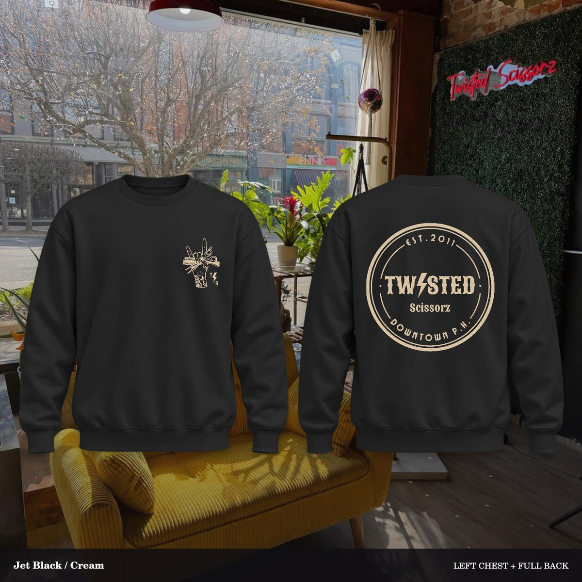 Twisted Scissorz Port & Co. PC78 — Jet Black, Cream artwork; left-chest crest and full back in the salon