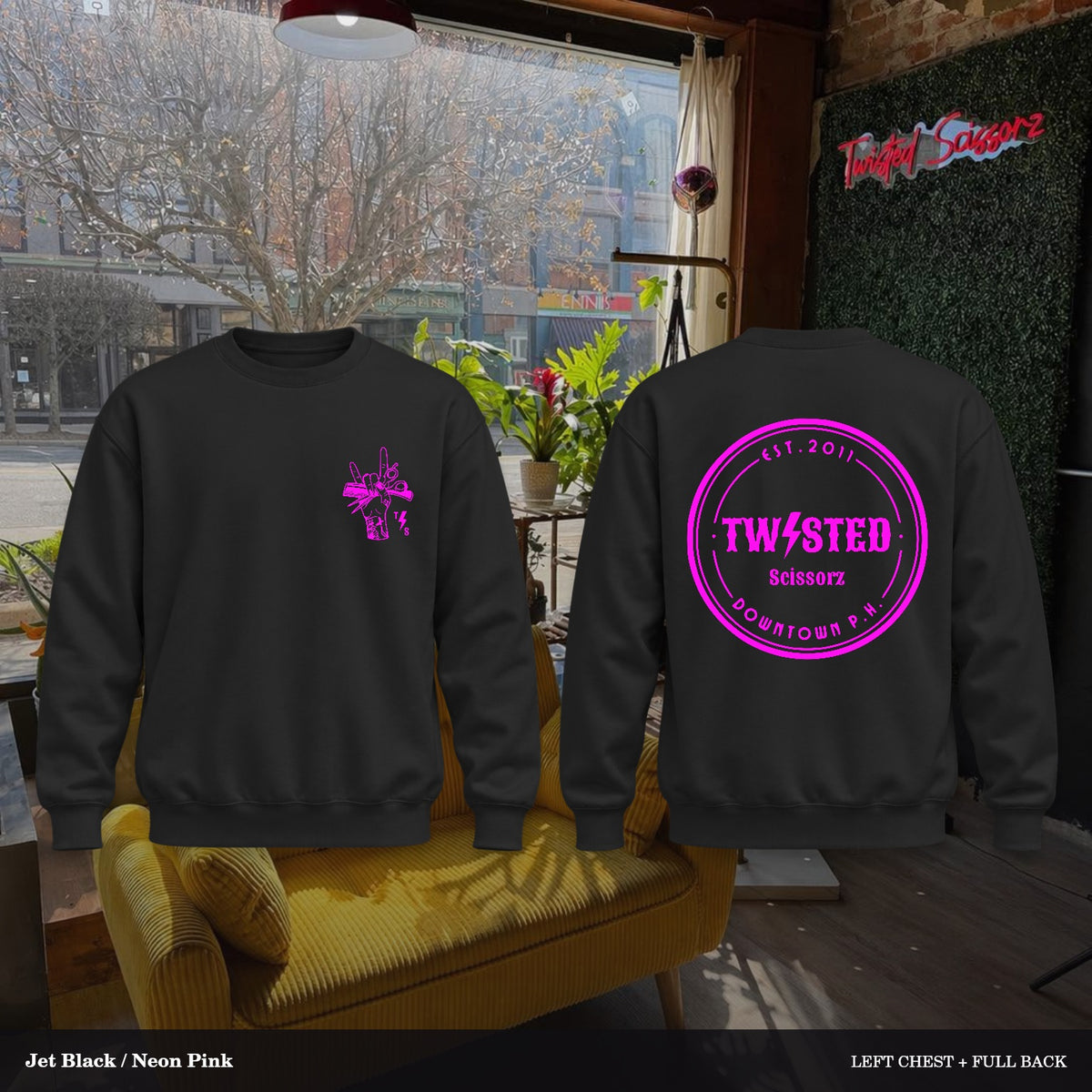 Twisted Scissorz Port & Co. PC78 — Jet Black, Neon Pink artwork; left-chest crest and full back in the salon