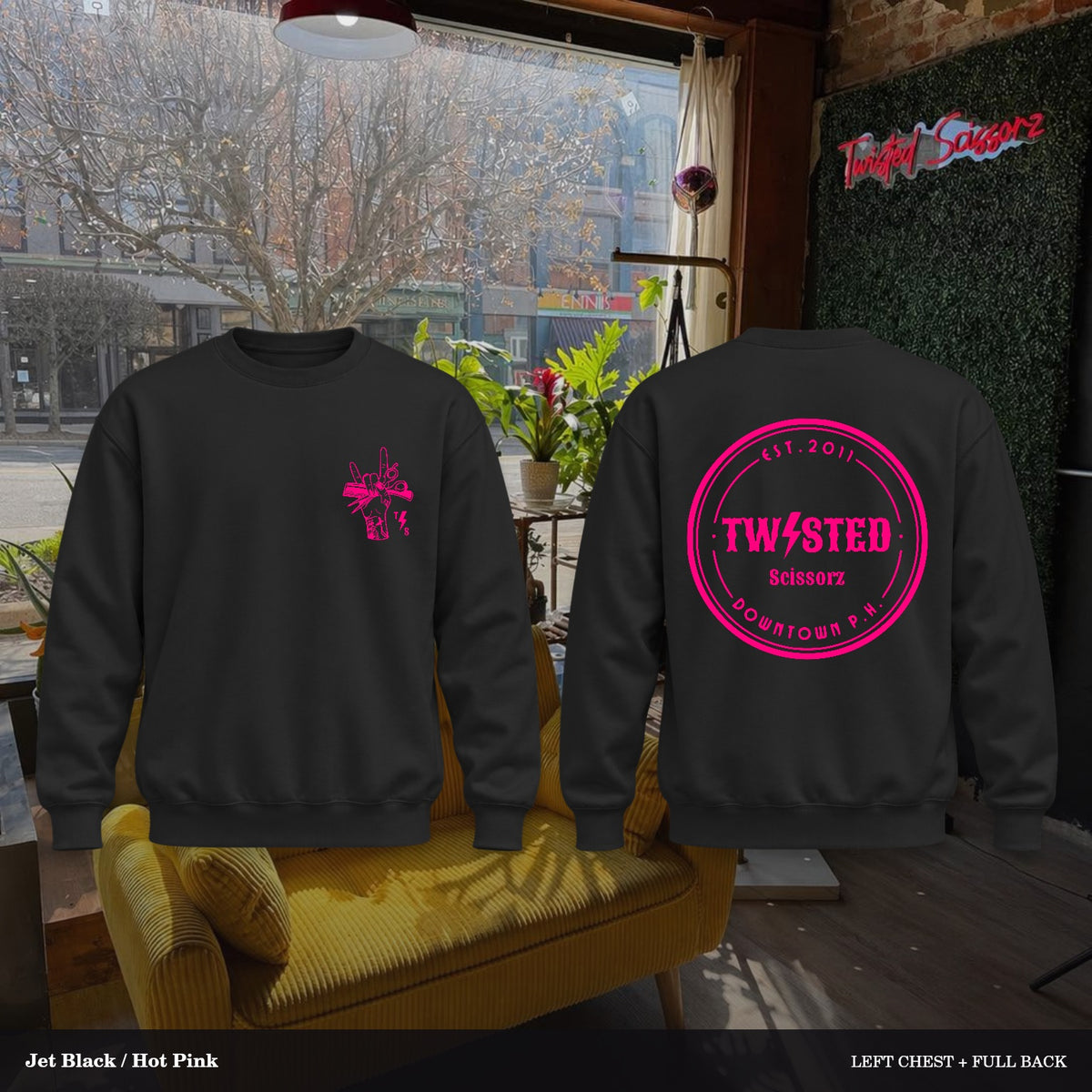 Twisted Scissorz Port & Co. PC78 — Jet Black, Hot Pink artwork; left-chest crest and full back in the salon