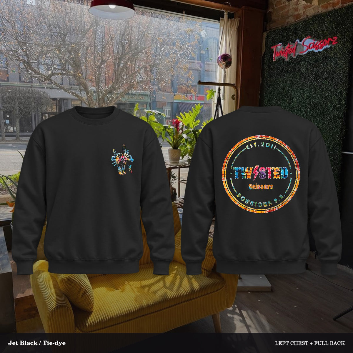 Twisted Scissorz Port & Co. PC78 — Jet Black, Tie-dye artwork; left-chest crest and full back in the salon