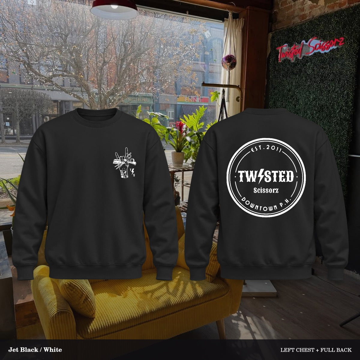 Twisted Scissorz Port & Co. PC78 — Jet Black, White artwork; left-chest crest and full back in the salon