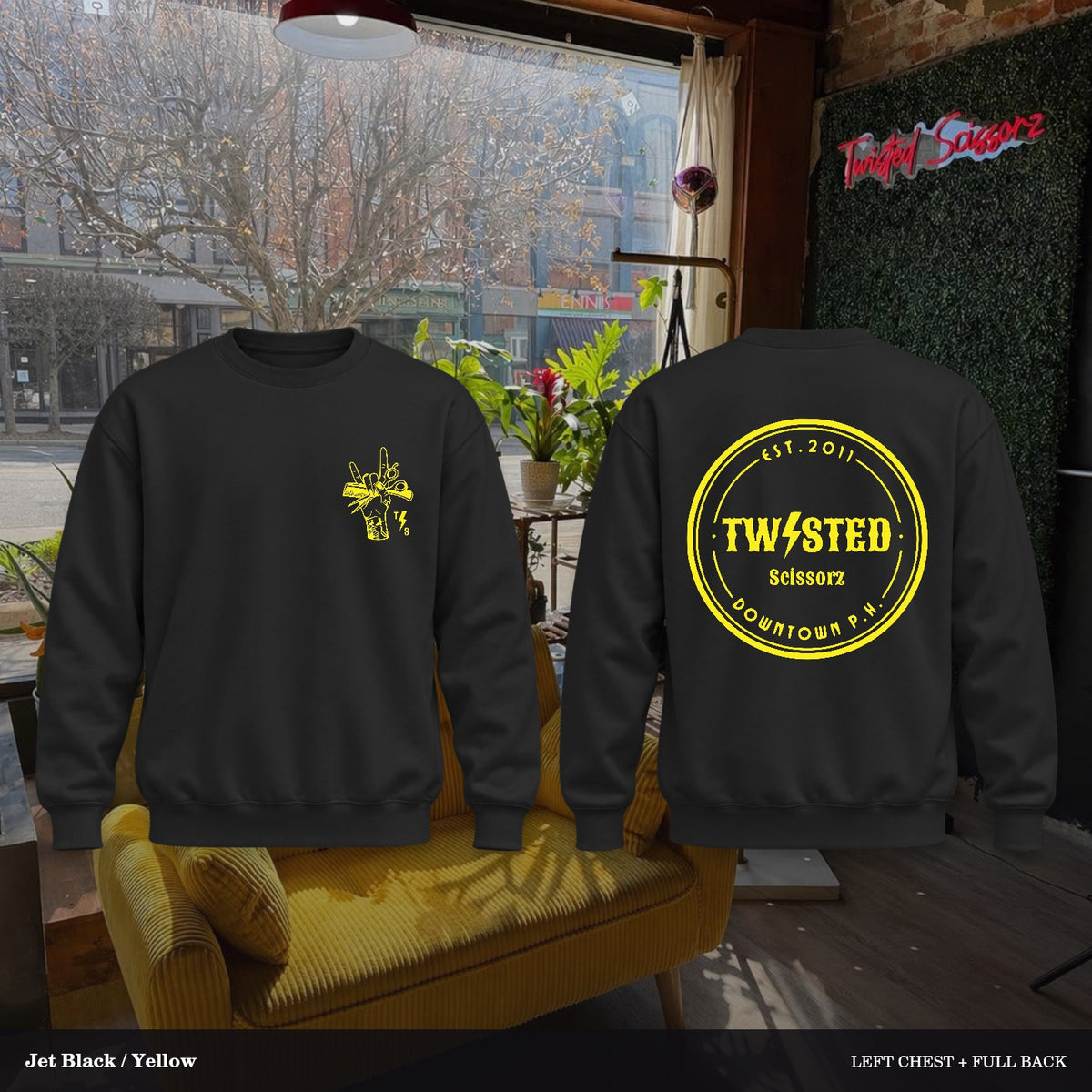 Twisted Scissorz Port & Co. PC78 — Jet Black, Yellow artwork; left-chest crest and full back in the salon