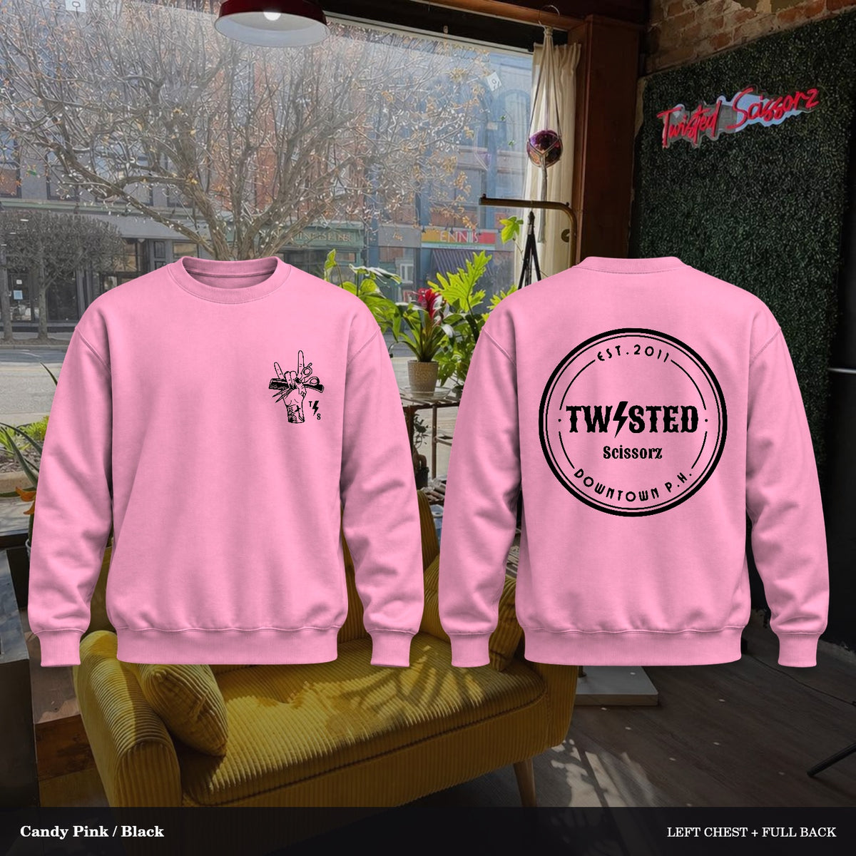 Twisted Scissorz Port & Co. PC78 — Candy Pink, Black artwork; left-chest crest and full back in the salon