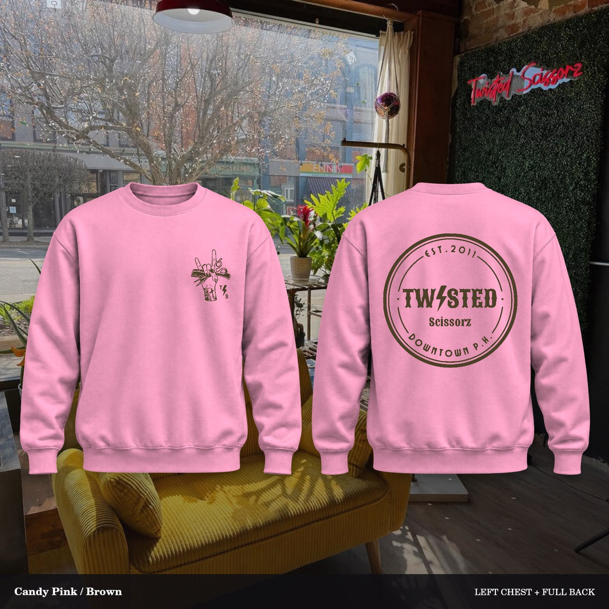 Twisted Scissorz Port & Co. PC78 — Candy Pink, Brown artwork; left-chest crest and full back in the salon