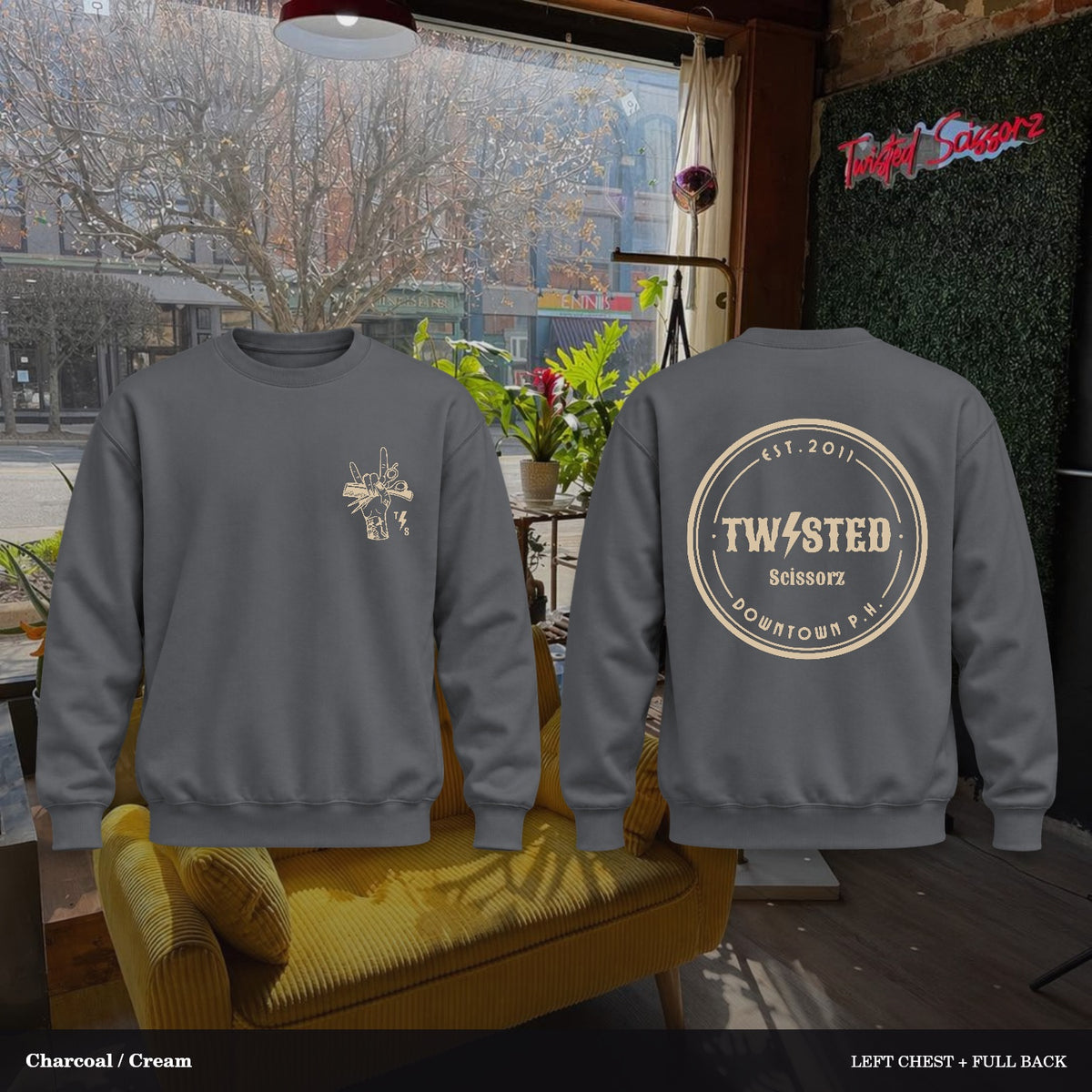Twisted Scissorz Port & Co. PC78 — Charcoal, Cream artwork; left-chest crest and full back in the salon