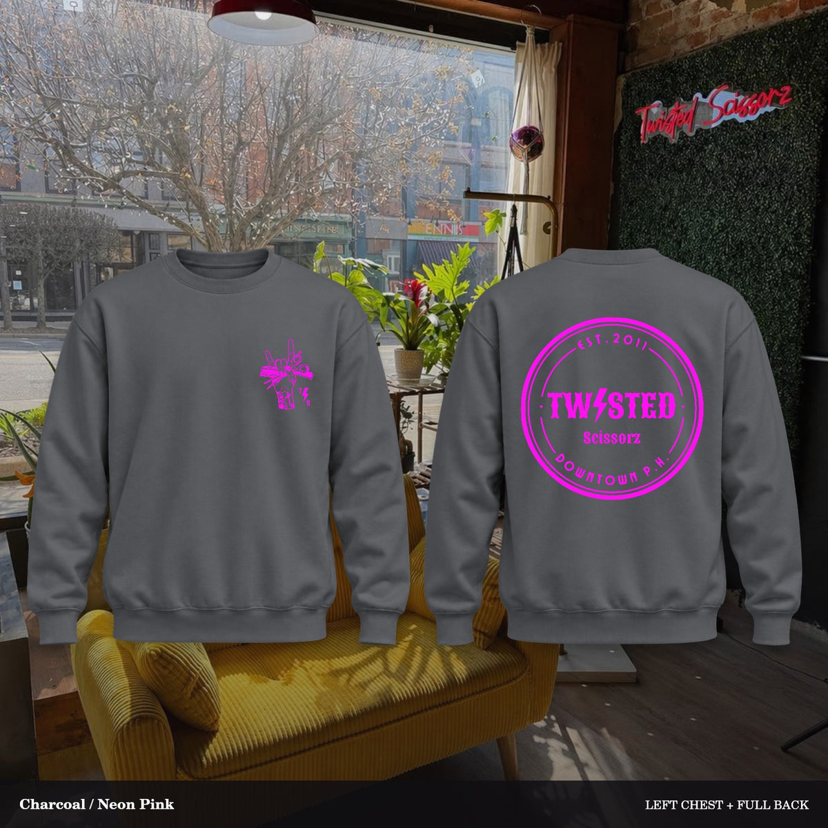 Twisted Scissorz Port & Co. PC78 — Charcoal, Neon Pink artwork; left-chest crest and full back in the salon