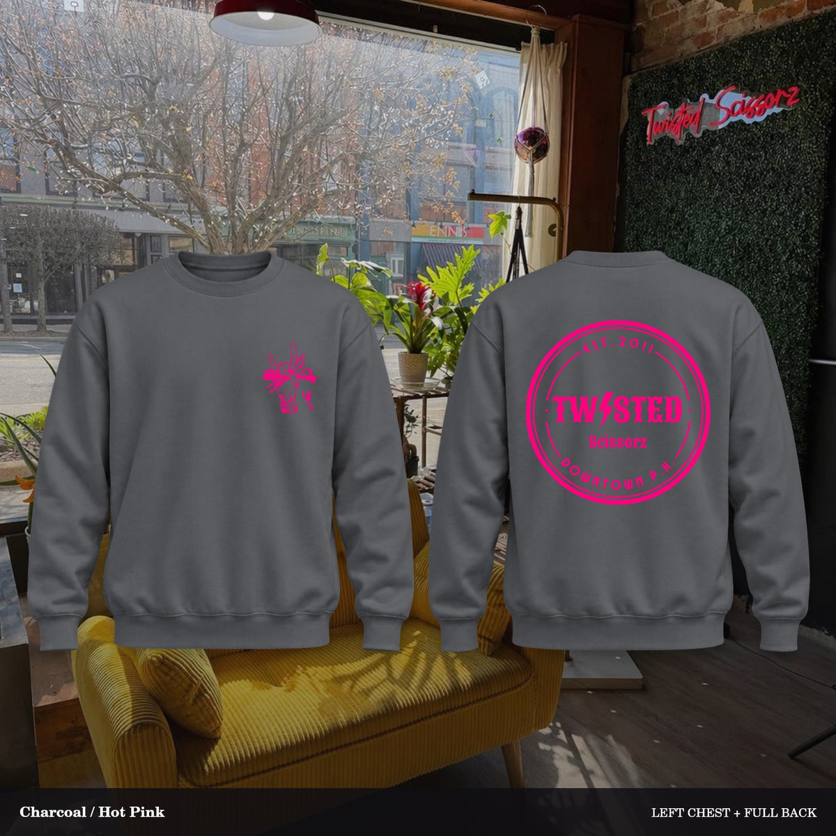 Twisted Scissorz Port & Co. PC78 — Charcoal, Hot Pink artwork; left-chest crest and full back in the salon