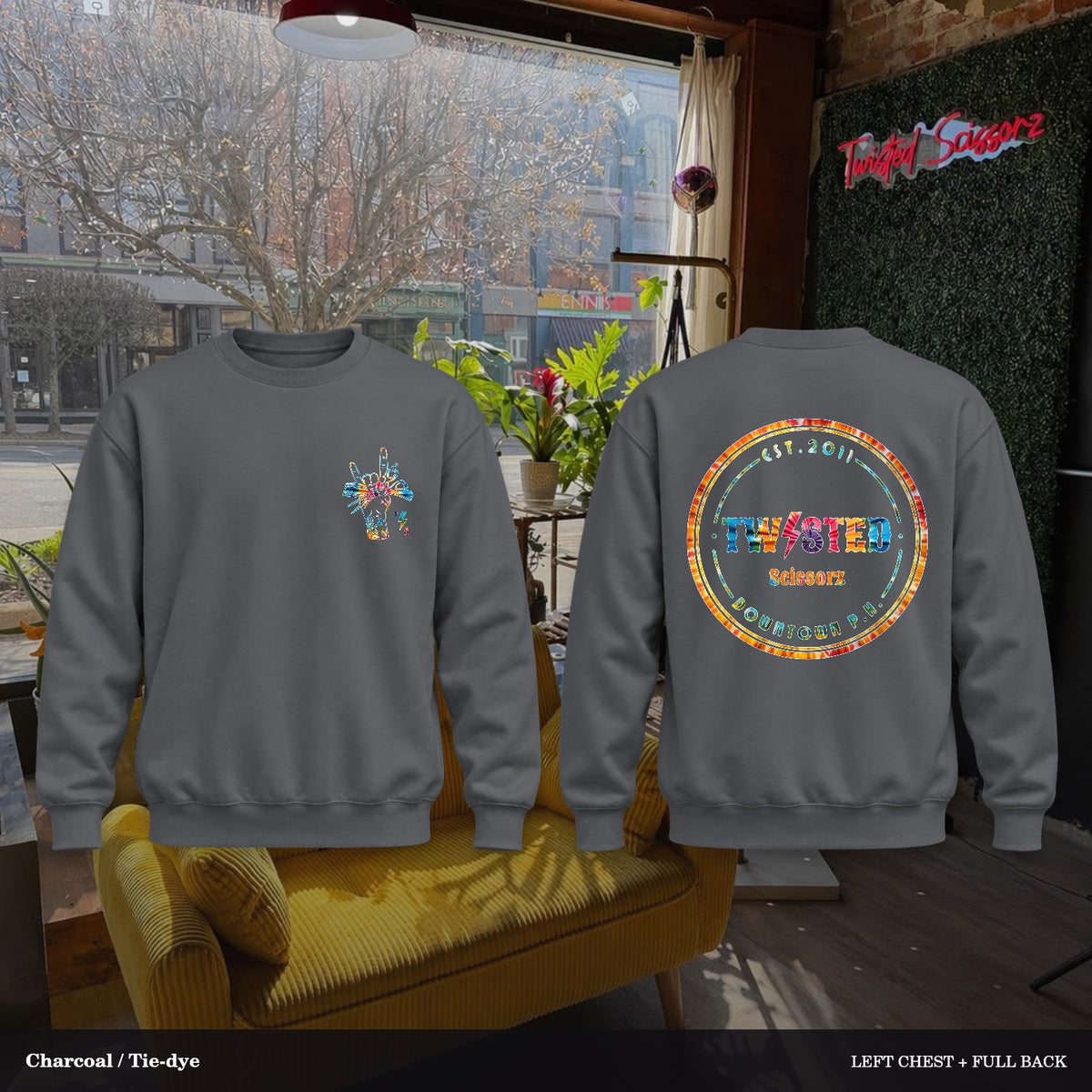 Twisted Scissorz Port & Co. PC78 — Charcoal, Tie-dye artwork; left-chest crest and full back in the salon