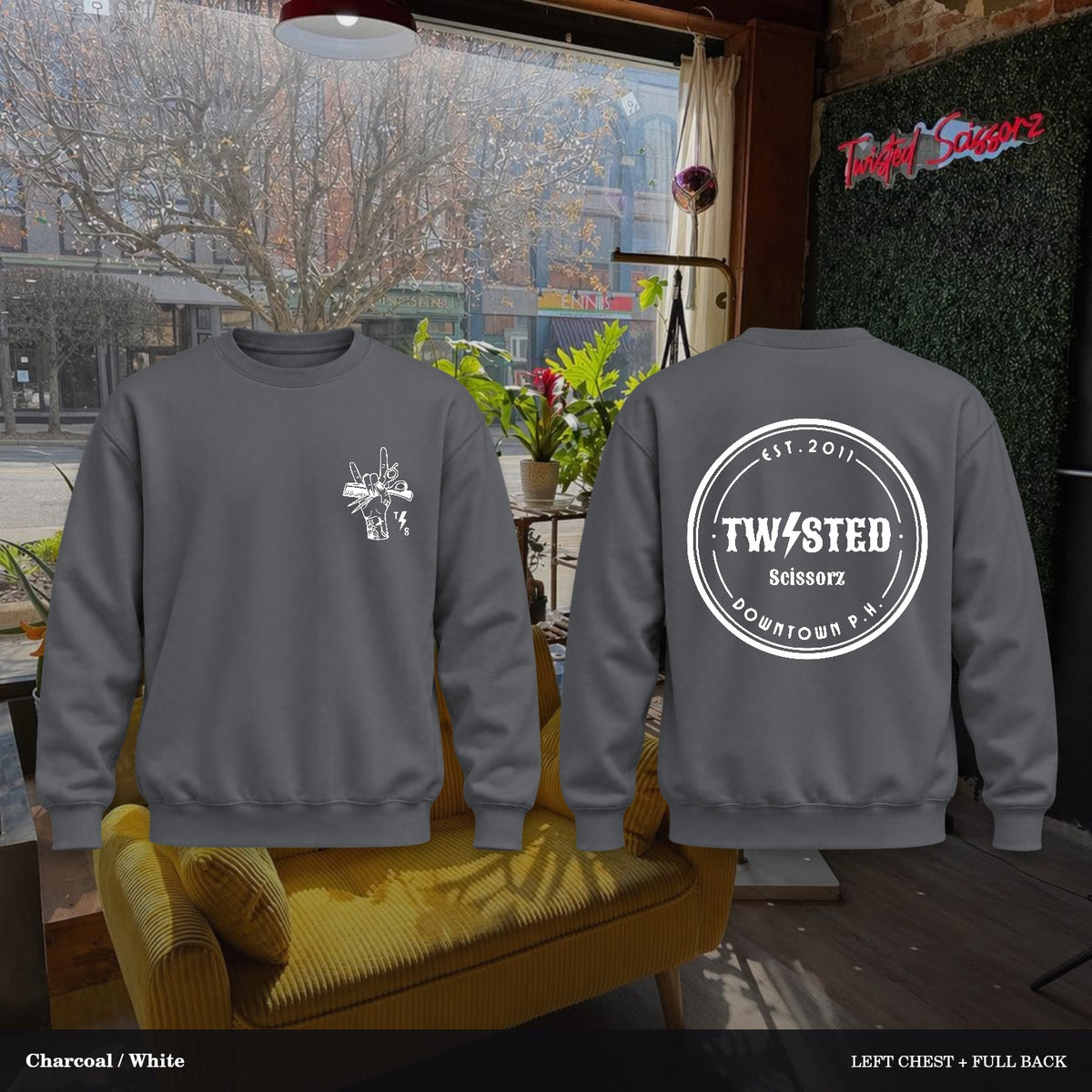 Twisted Scissorz Port & Co. PC78 — Charcoal, White artwork; left-chest crest and full back in the salon