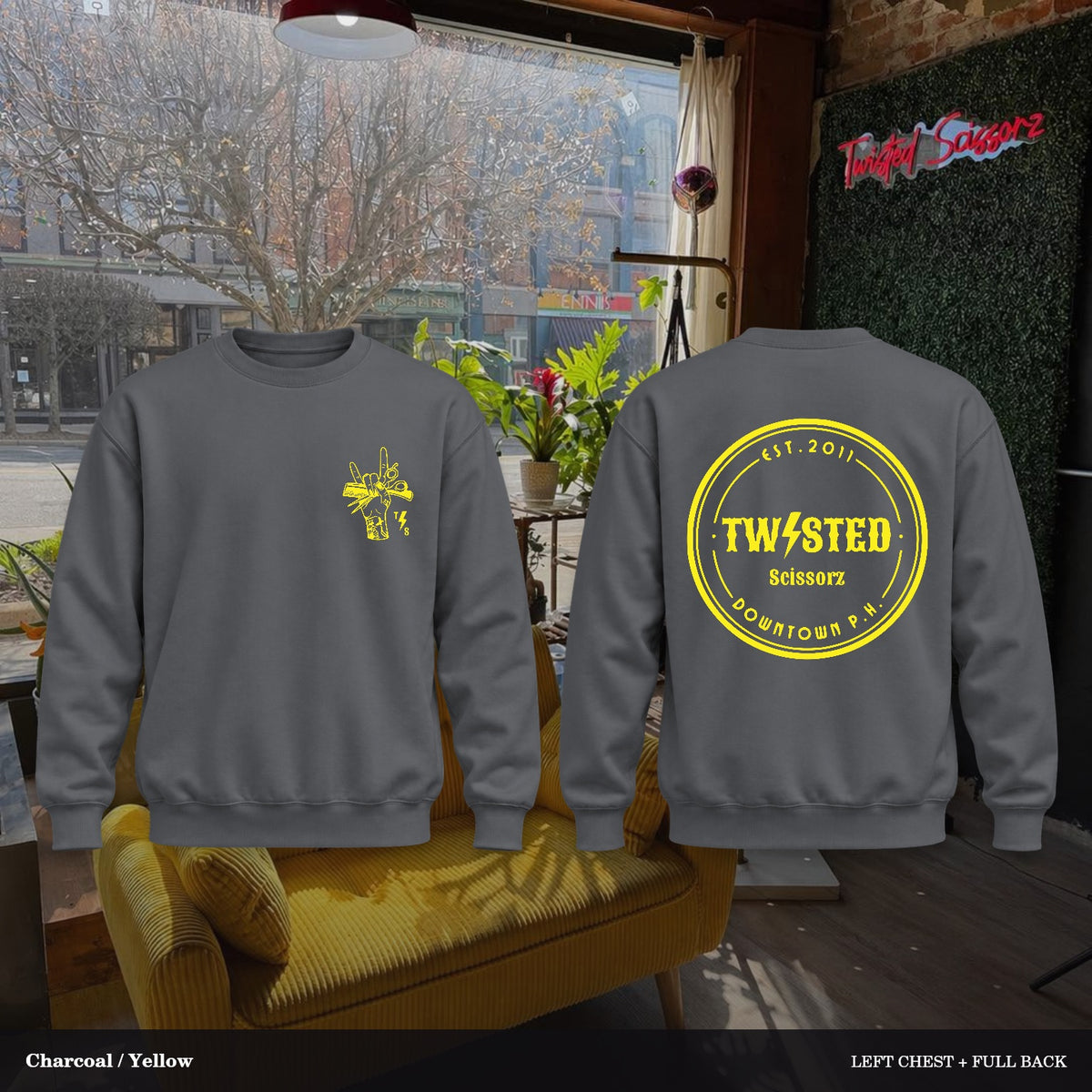 Twisted Scissorz Port & Co. PC78 — Charcoal, Yellow artwork; left-chest crest and full back in the salon