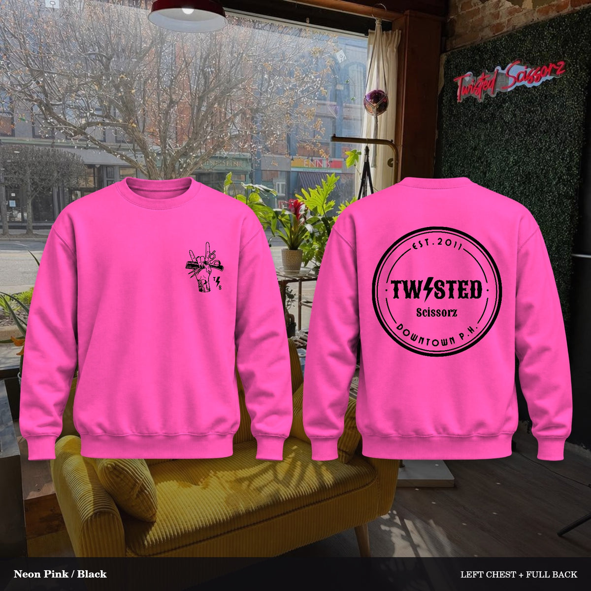 Twisted Scissorz Port & Co. PC78 — Neon Pink, Black artwork; left-chest crest and full back in the salon