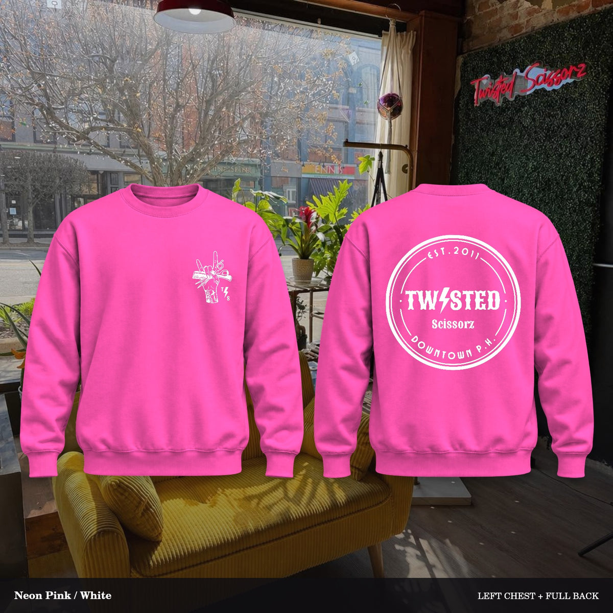 Twisted Scissorz Port & Co. PC78 — Neon Pink, White artwork; left-chest crest and full back in the salon