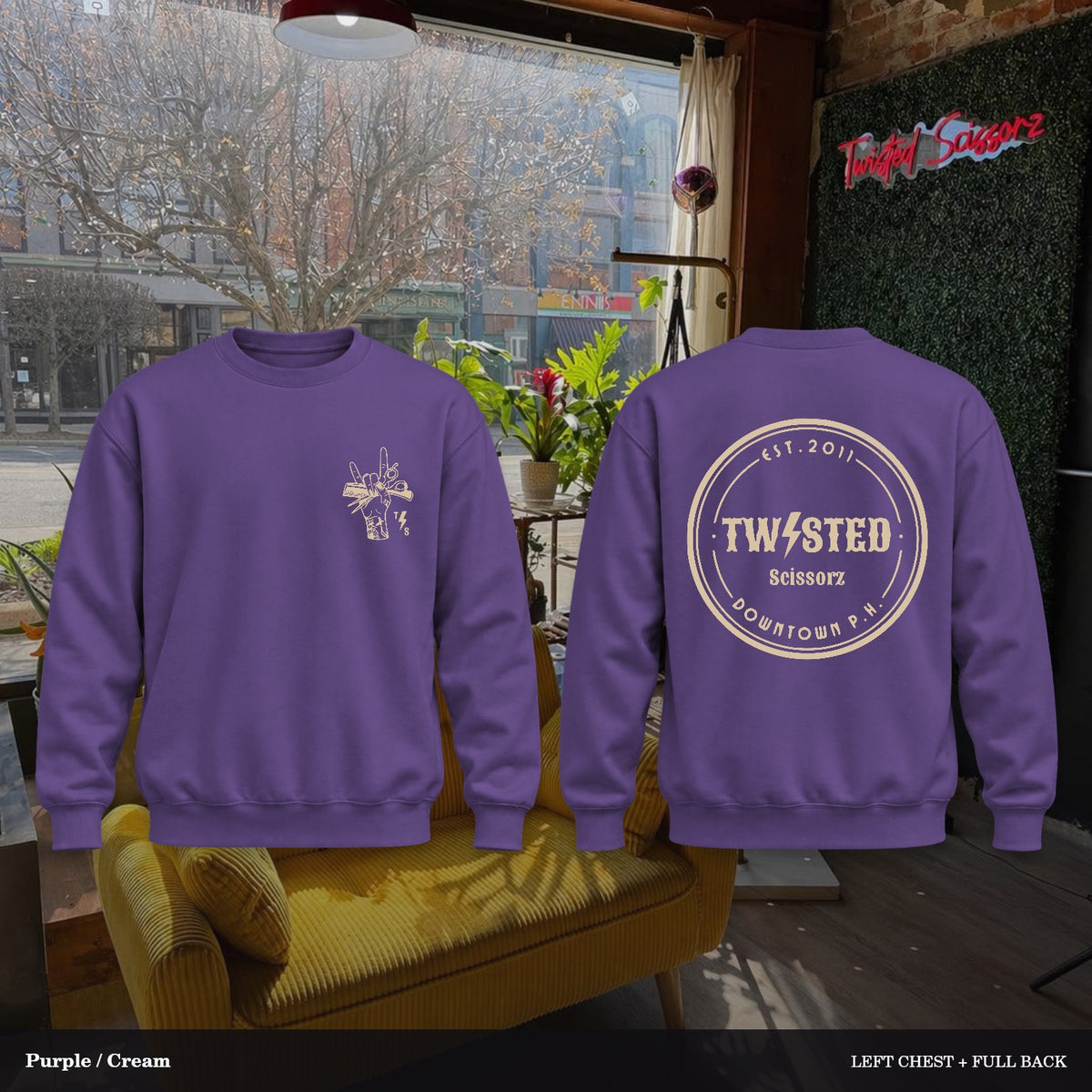 Twisted Scissorz Port & Co. PC78 — Purple, Cream artwork; left-chest crest and full back in the salon