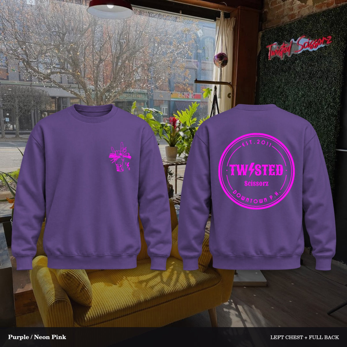 Twisted Scissorz Port & Co. PC78 — Purple, Neon Pink artwork; left-chest crest and full back in the salon