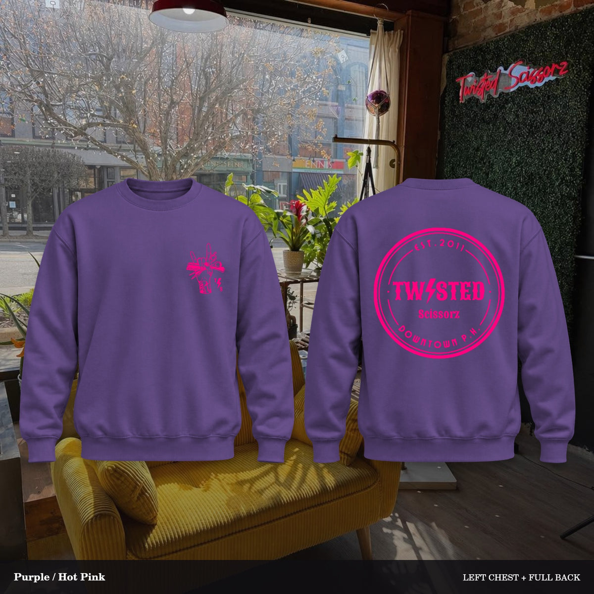 Twisted Scissorz Port & Co. PC78 — Purple, Hot Pink artwork; left-chest crest and full back in the salon