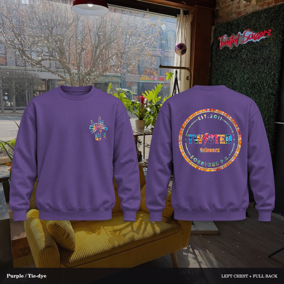 Twisted Scissorz Port & Co. PC78 — Purple, Tie-dye artwork; left-chest crest and full back in the salon