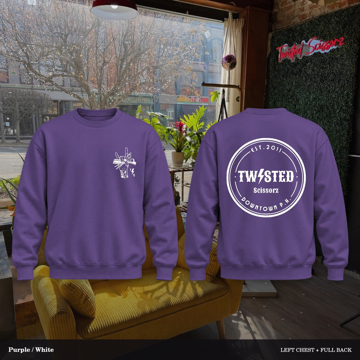 Twisted Scissorz Port & Co. PC78 — Purple, White artwork; left-chest crest and full back in the salon