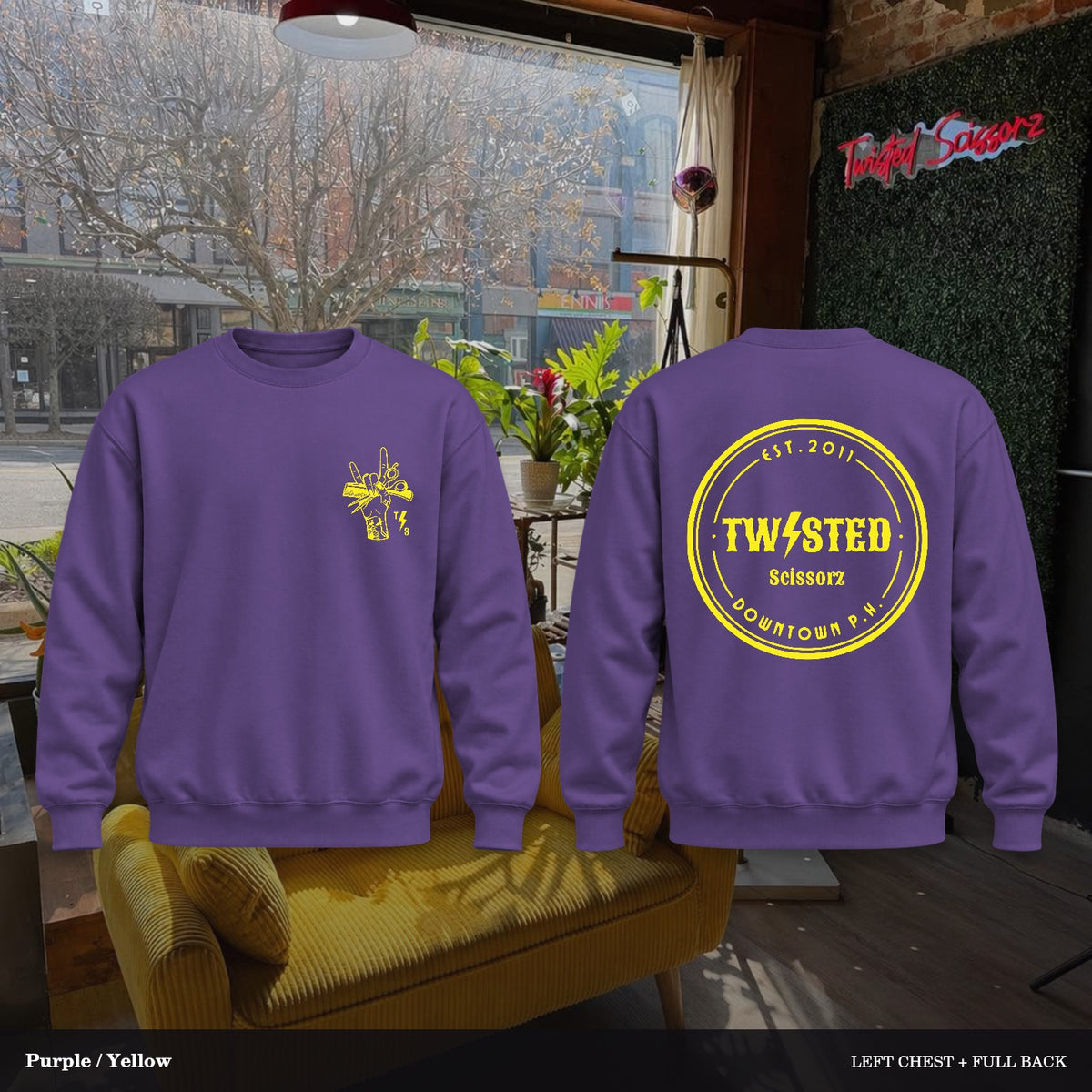 Twisted Scissorz Port & Co. PC78 — Purple, Yellow artwork; left-chest crest and full back in the salon