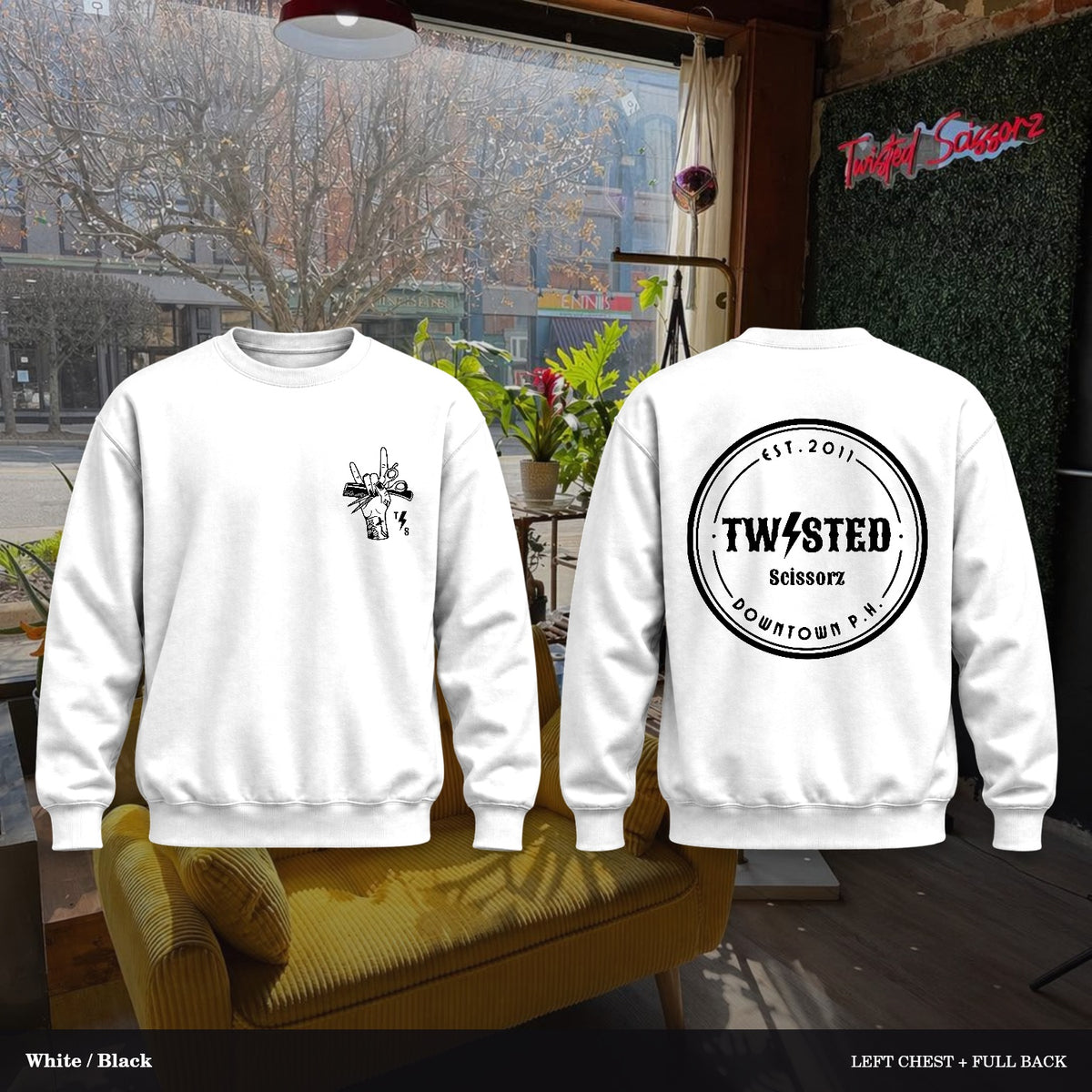 Twisted Scissorz Port & Co. PC78 — White, Black artwork; left-chest crest and full back in the salon