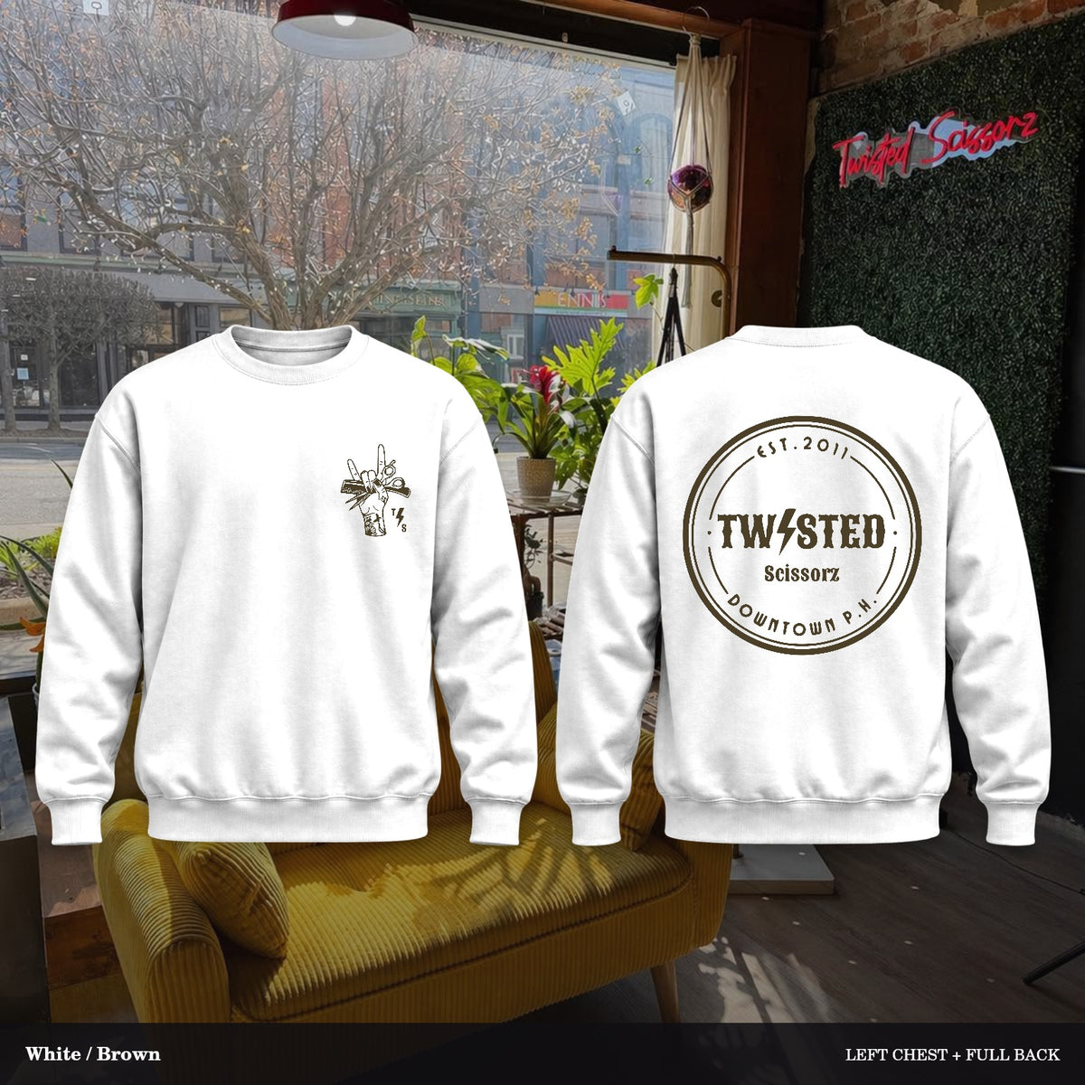 Twisted Scissorz Port & Co. PC78 — White, Brown artwork; left-chest crest and full back in the salon