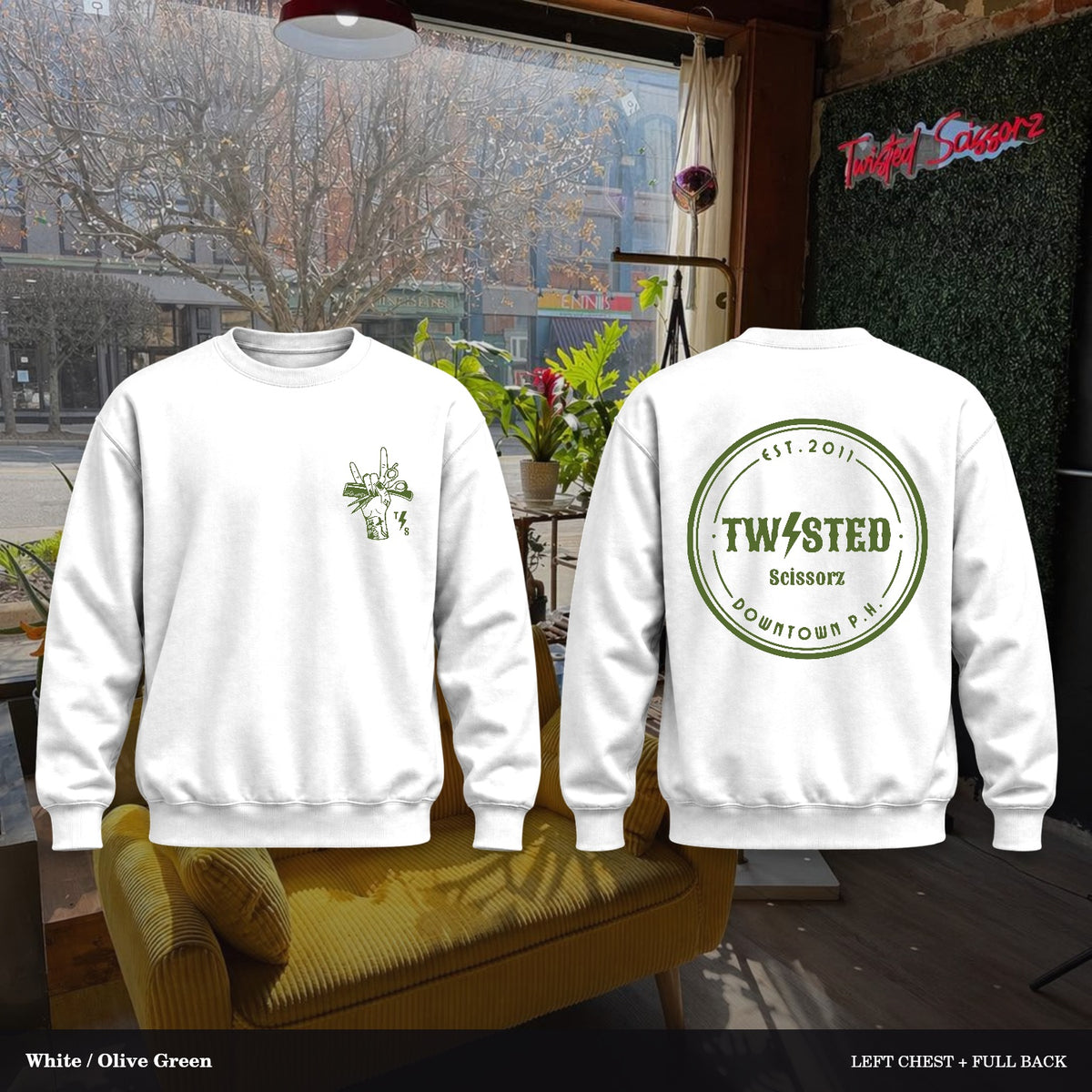 Twisted Scissorz Port & Co. PC78 — White, Olive Green artwork; left-chest crest and full back in the salon
