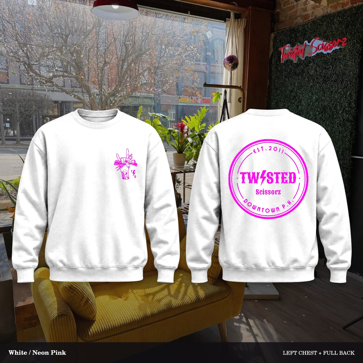 Twisted Scissorz Port & Co. PC78 — White, Neon Pink artwork; left-chest crest and full back in the salon
