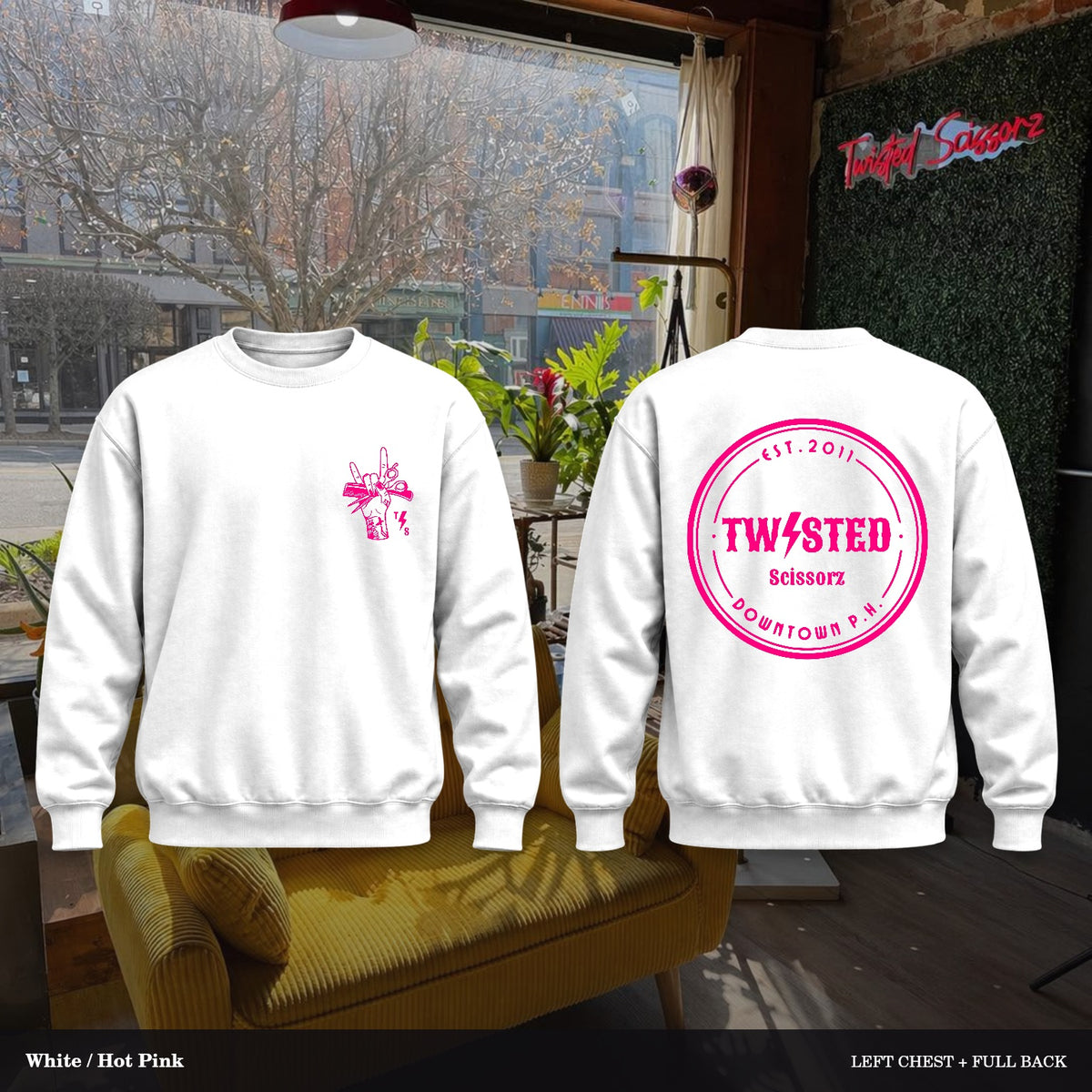 Twisted Scissorz Port & Co. PC78 — White, Hot Pink artwork; left-chest crest and full back in the salon