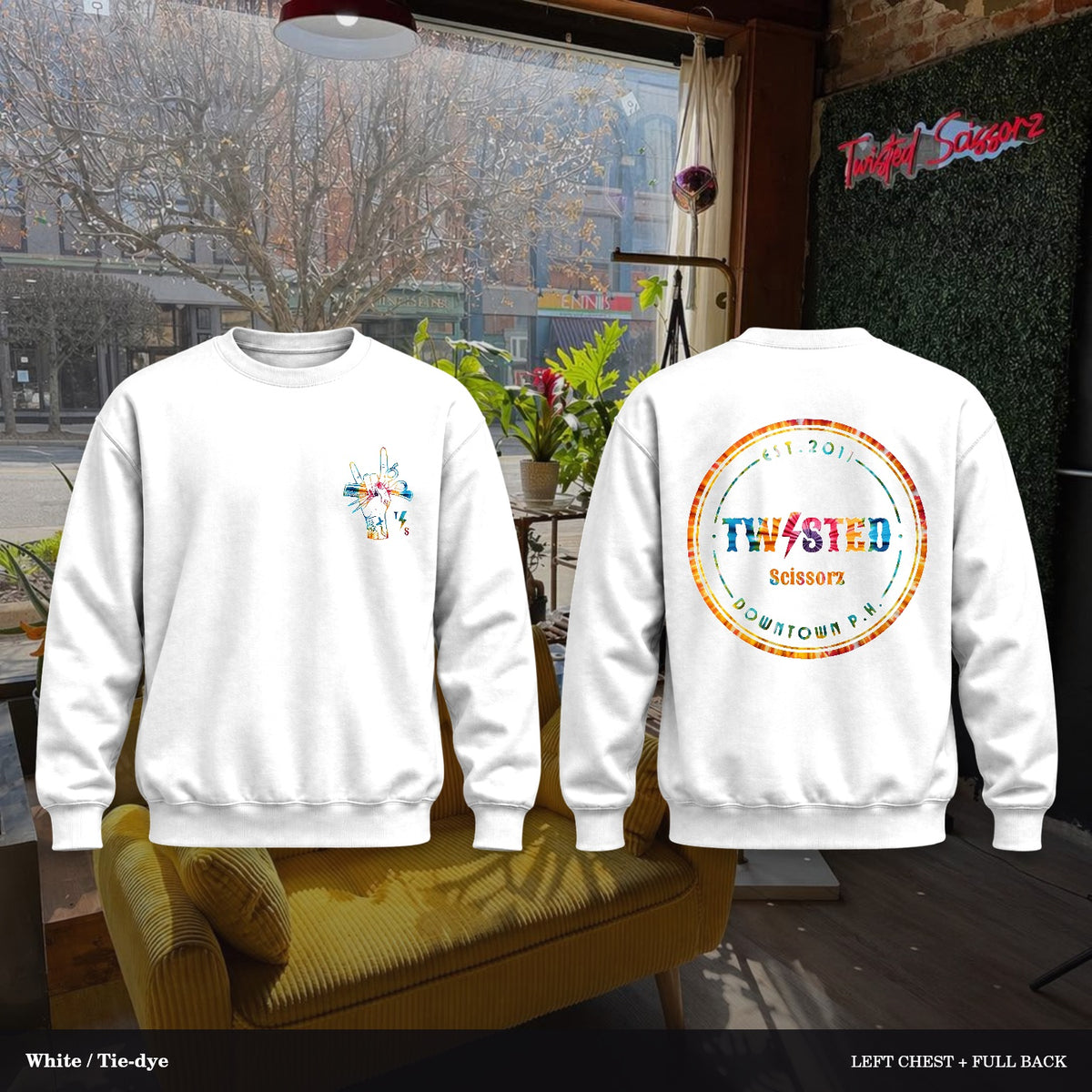 Twisted Scissorz Port & Co. PC78 — White, Tie-dye artwork; left-chest crest and full back in the salon