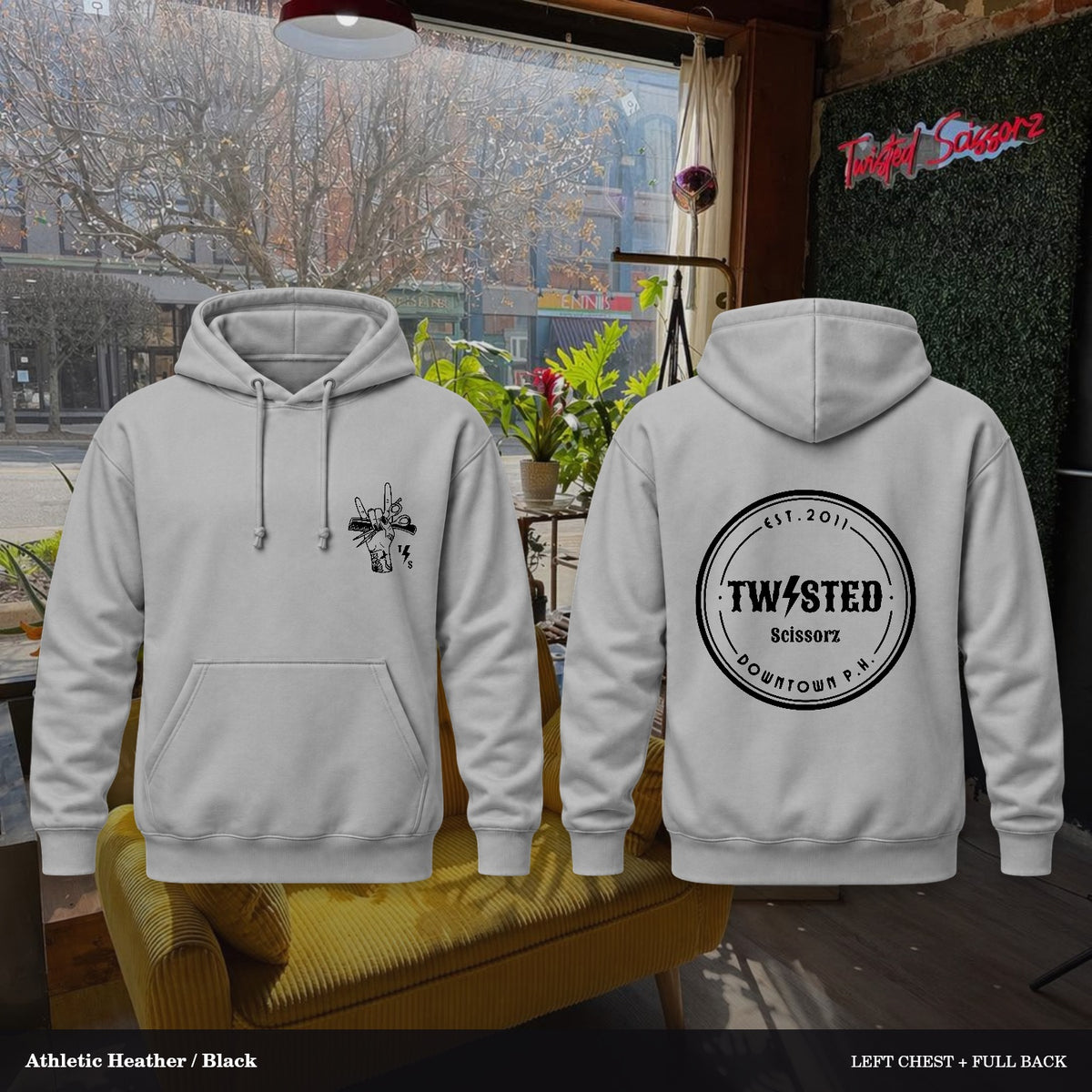 Twisted Scissorz Port & Co. PC78H — Athletic Heather, Black artwork; left-chest crest and full back in the salon
