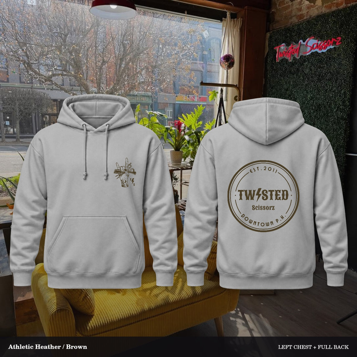 Twisted Scissorz Port & Co. PC78H — Athletic Heather, Brown artwork; left-chest crest and full back in the salon