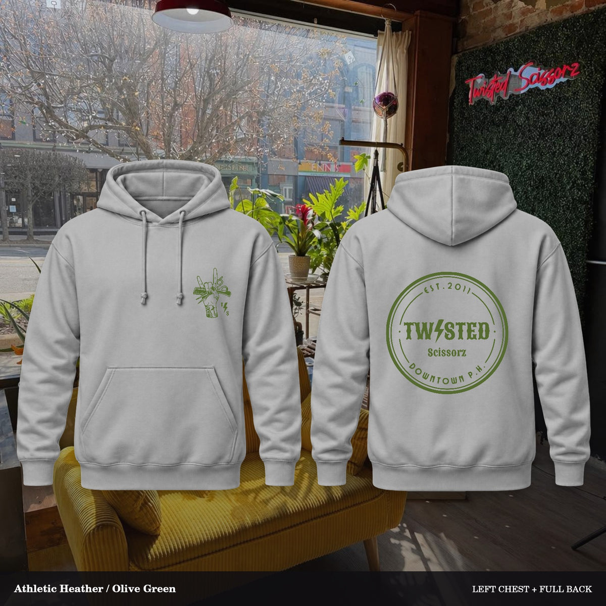 Twisted Scissorz Port & Co. PC78H — Athletic Heather, Olive Green artwork; left-chest crest and full back in the salon