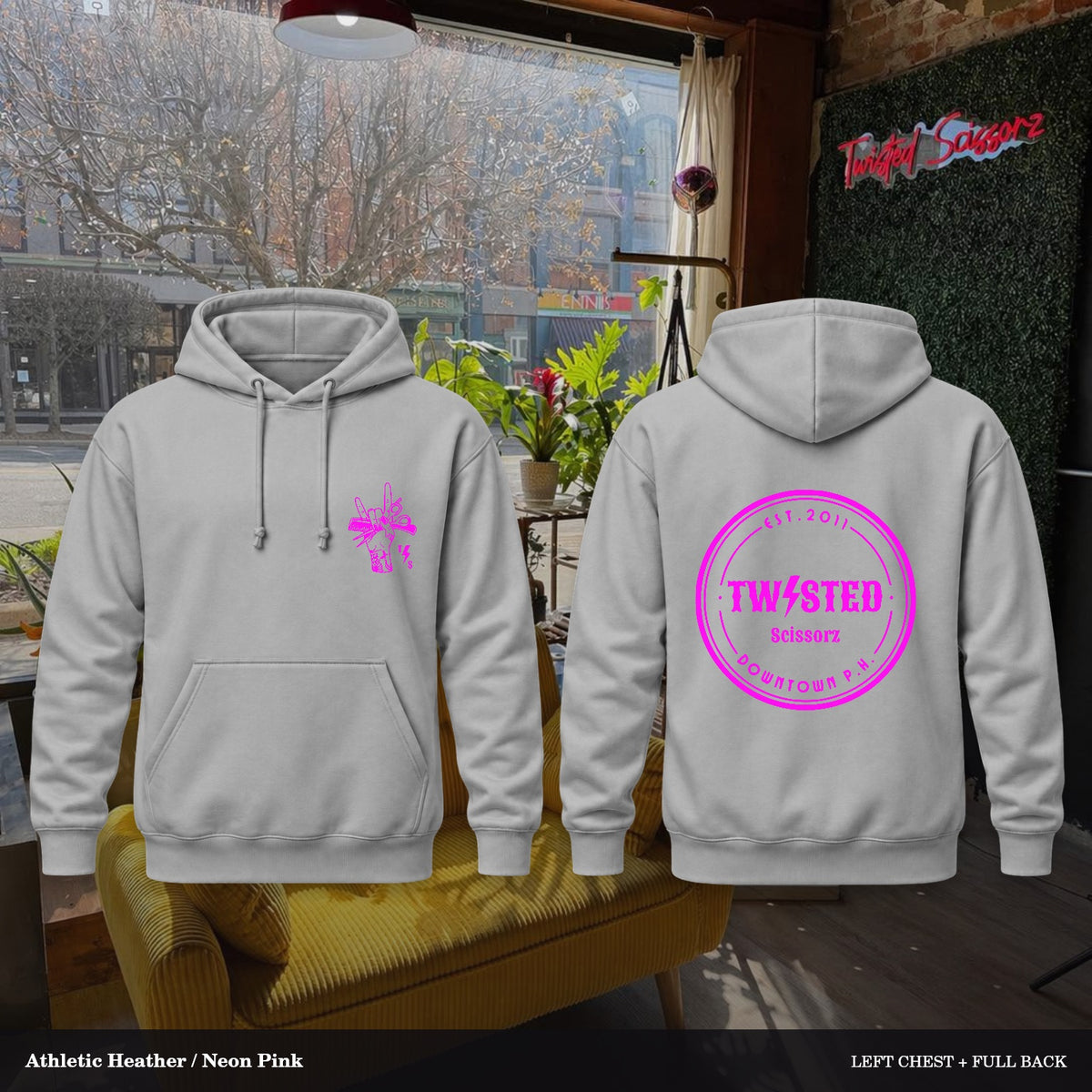 Twisted Scissorz Port & Co. PC78H — Athletic Heather, Neon Pink artwork; left-chest crest and full back in the salon