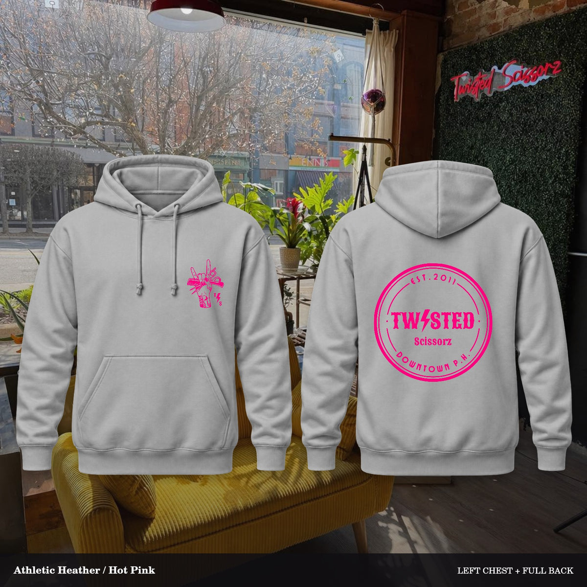 Twisted Scissorz Port & Co. PC78H — Athletic Heather, Hot Pink artwork; left-chest crest and full back in the salon