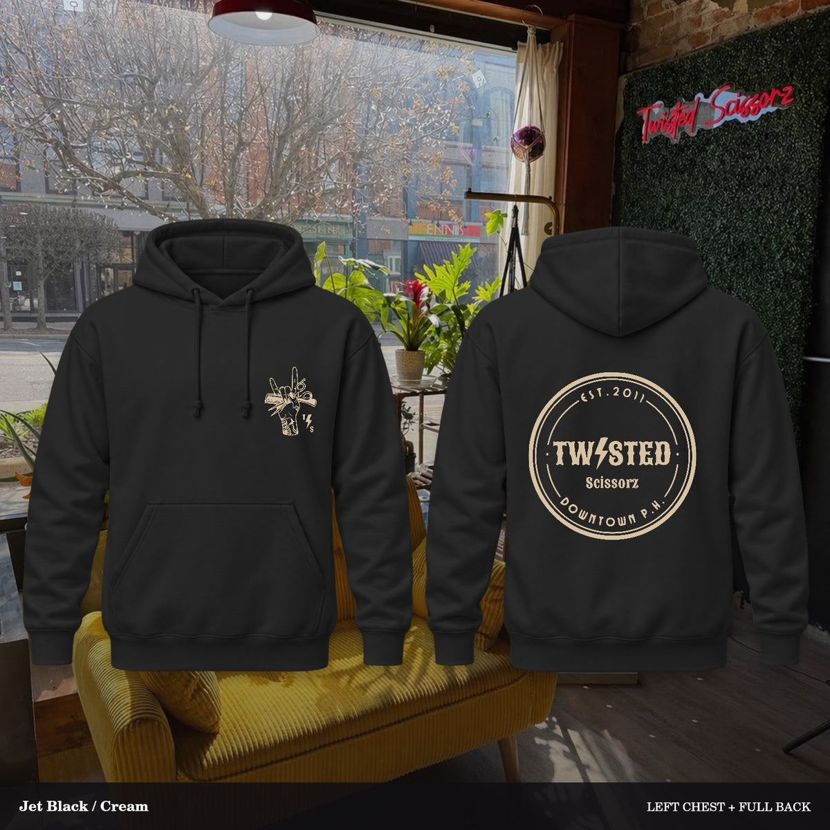 Twisted Scissorz Port & Co. PC78H — Jet Black, Cream artwork; left-chest crest and full back in the salon